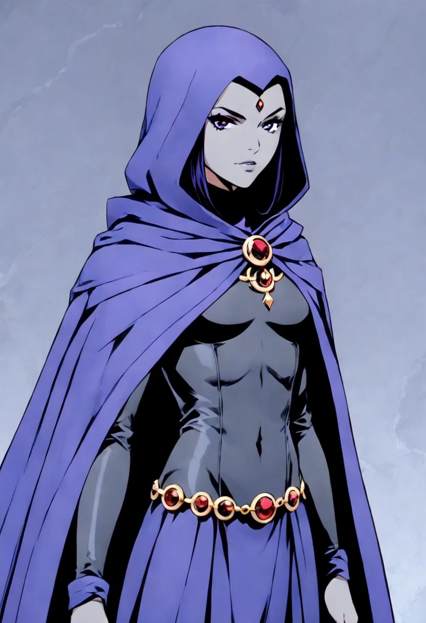 raven (dc), purple eyes,  grey skin, forehead jewel, cape,, cape covering whole body, long blue cape, hoods covered head, 