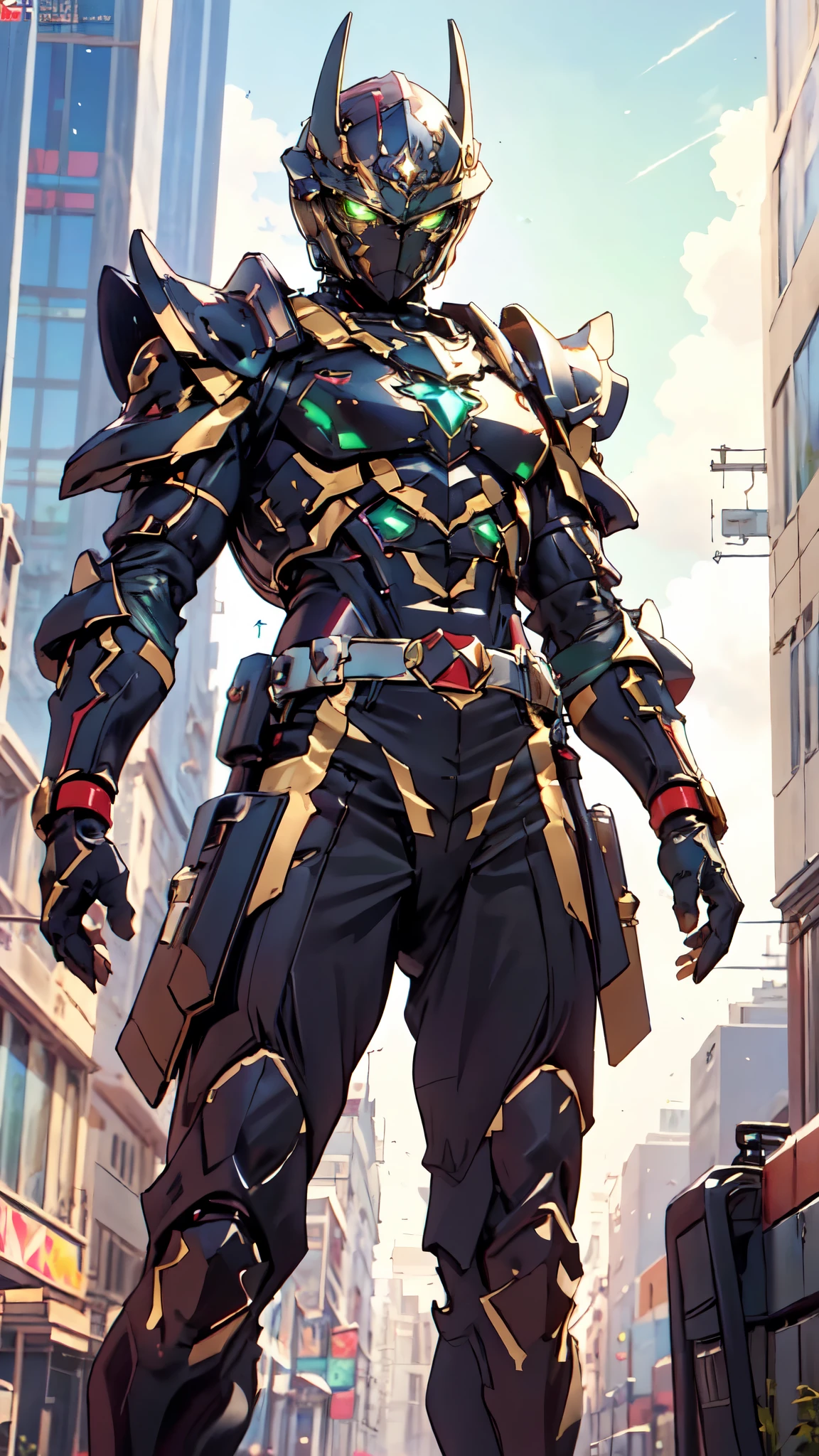 (masterpiece:1.5, best quality:1.5, extremely delicate:1.5), ((male:1.5)), a man wearing a full-face helmet, green eyes, fantasy-style high-tech biomimetic armored combat suit, (a composite layered chest armor), the design balances heavy with agility, fully enclosed shoulder guards, matching arm and leg guards, a belt of gemstone, (the color scheme is primarily Scarlet with White and Green accents, Organic Biotech, Concept Inspired by Superman, glowing eyes, armor glows, stand of a futuristic sci-fi city), this character embodies a finely crafted fantasy-style armored hero in anime style, exquisite and mature art style, metallic, high definition, highres, ultra-detailed, ultra-fine painting, professional, perfect body proportions, golden ratio, anatomically correct, symmetrical face, extremely detailed eyes and face, high quality eyes, creativity, RAW photo, UHD, 32k, Natural light, cinematic lighting, masterpiece-anatomy-perfect