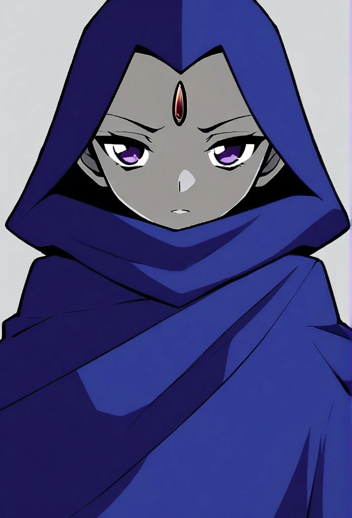 raven (dc), purple eyes,  grey skin, forehead jewel, blue cape covering whole body, long blue cape, , 