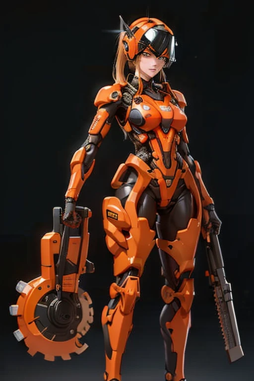 Orange-haired woman  ( ponytail ),  perfect body , using robotic armor inspired by Stihl chainsaws and brushcutters, using helmet,  black background