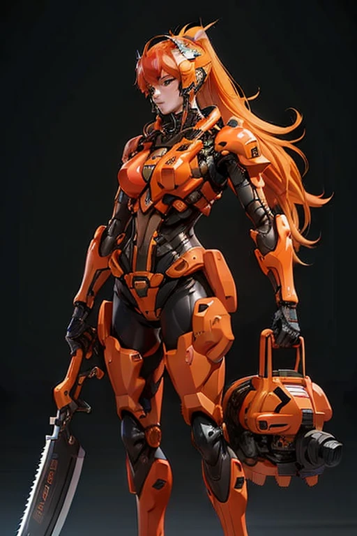 Orange-haired woman  ( ponytail ),  perfect body , using robotic armor inspired by Stihl chainsaws and brushcutters, using helmet,  black background