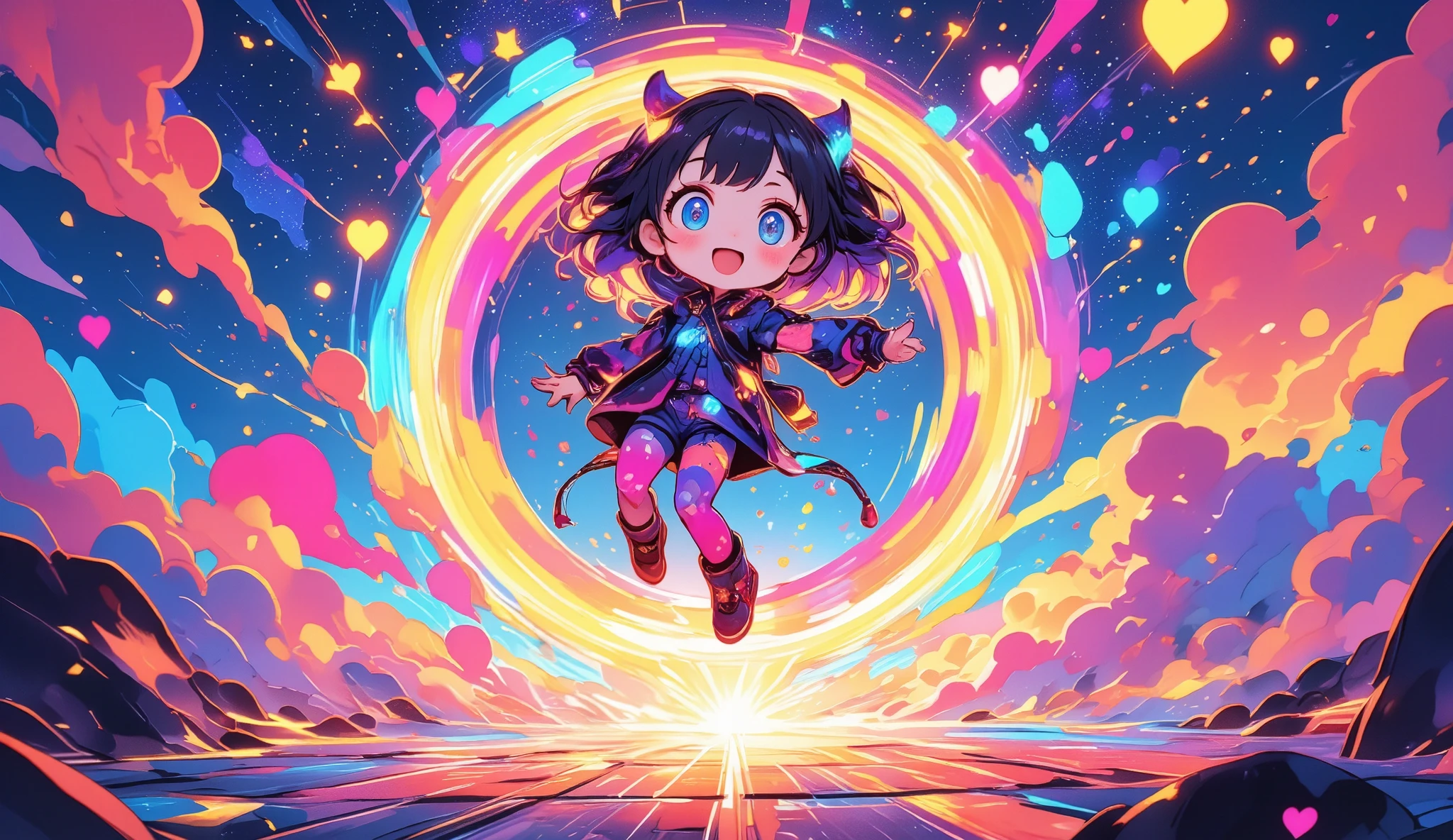 A cute chibi futuristic costume girl is jumping into the vivid space-like circle portal at the far end. cosmic eyes,cosmic hair color, super vivid color, many heart notes, many star notes, super pop,many vivid sparkles, dynamic, dynamic camera work, dynamic action pose, anime style, cosmic color, many colorful concentration lines,focus on circle portal