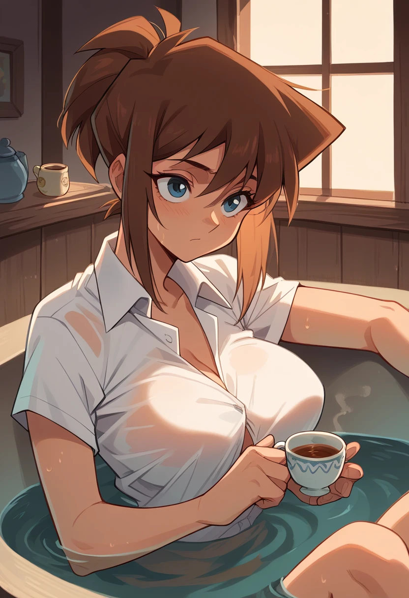 tea gardner,  brown hair ,  big breasts shirt, , sensual, bathing