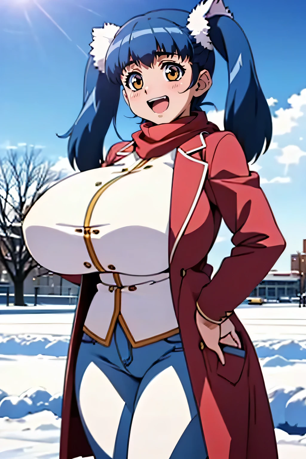 anime,anime style,winter scenery、outdoor,long coat,セーター,jeans,Scarf,snow,city,Winter clothes,blue hair,orange eyes,twin tail,huge breasts,fang,tuile_(gravion),two side up,gigantic breasts,open mouth,happt smile