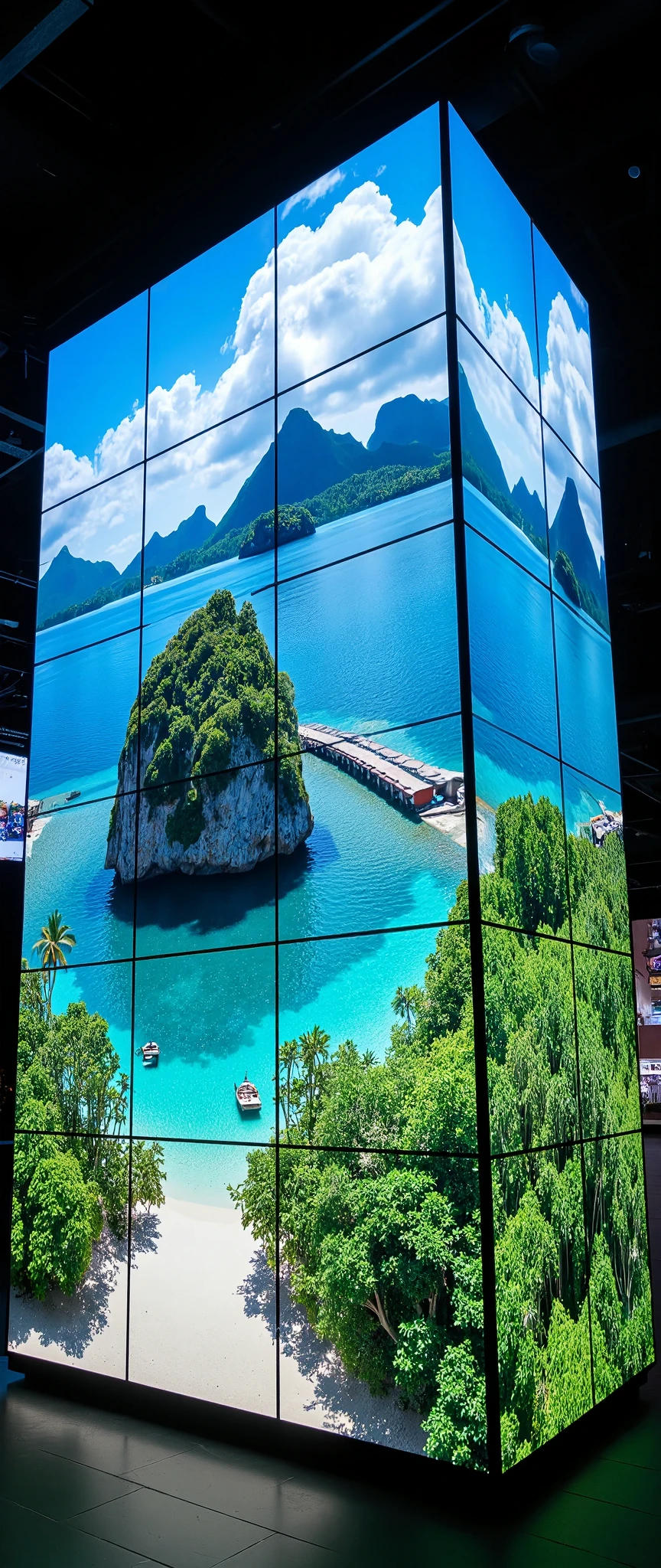 (masterpiece:1.2),(Best Quality),(Super detailed),(  Ultra High Definition),(  photorealistic),(  RAW Photos),16k, wallpaper,  close-up of a hotel building composed of multiple LED screens , All LED screens depict the Bora Bora landscape ,progressive,  Installation Art,(night)