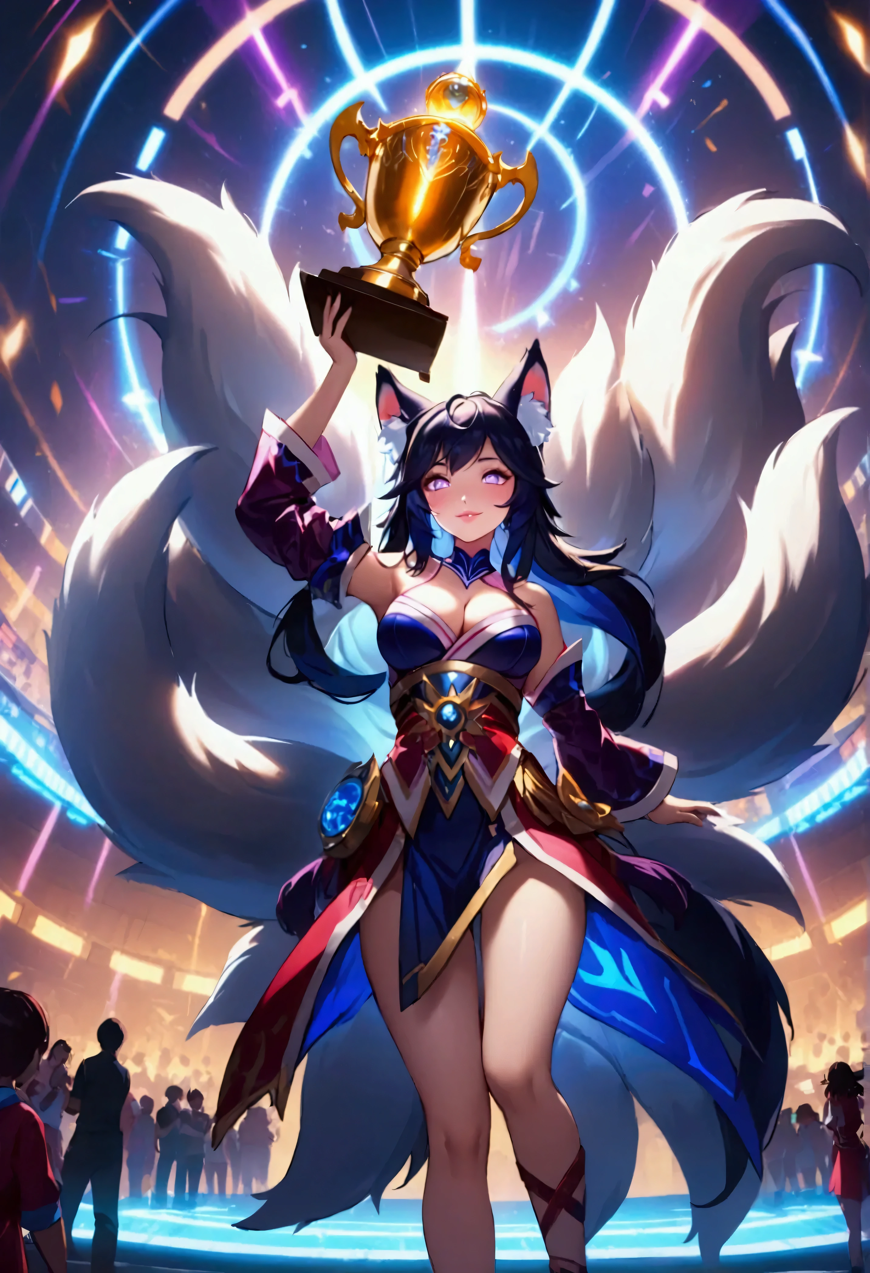 1girl\(cute, (ahri:1.3), fox tail, tail,black long hair, bare shoulders, detached sleeves, (red korean clothes:1.2), (multiple tails), lips, slit pupils, fox ears, beautiful smile, cleavage, holding shiny golden trophy,dynamic pose\). BREAK .background\((at arena:1.3) for game\(league of legends\) competition\(EVO\(Evolution Championship Series\)\). blue neon, purple neon, gaming lighting . many audiences\),dynamic angle. BREAK .quality\(8k,wallpaper of extremely detailed CG unit, high resolution, top-quality, top-quality real texture skin, hyper realistic, increase the resolution, RAW photos, best quality, highly detailed, the wallpaper,golden ratio,high saturation realism, vibrant colors, dramatic lighting, persuasive storytelling, atmospheric scenery, captivating visuals, intricate details, strong emotions,dreamlike world\)