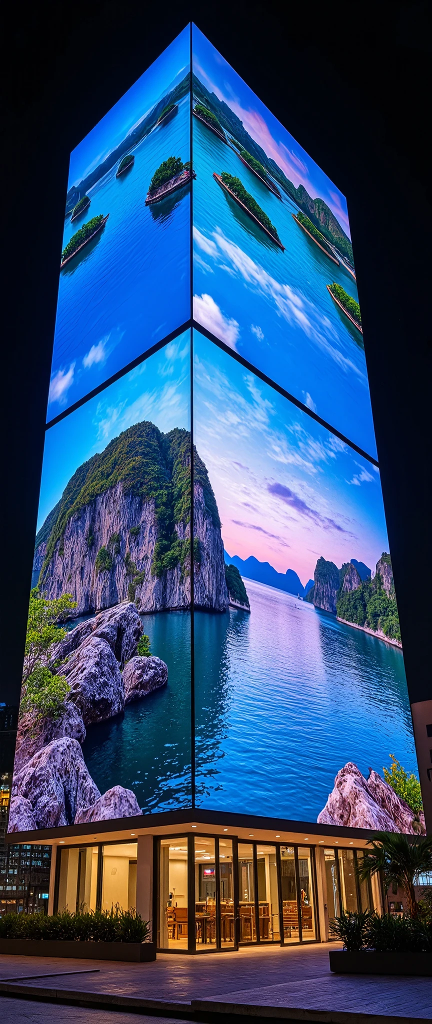 (masterpiece:1.2),(Best Quality),(Super detailed),(  Ultra High Definition),(  photorealistic),(  RAW Photos),16k, wallpaper,  close-up of a hotel building composed of multiple LED screens , All LED screens depict Halong Bay scenery ,progressive,  Installation Art,(night)