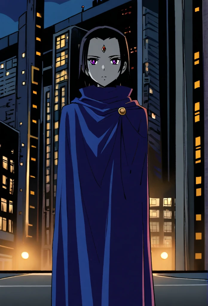 raven (dc), purple eyes,  grey skin, forehead jewel, blue cape covering whole body, long blue cape, standing, night, city, park