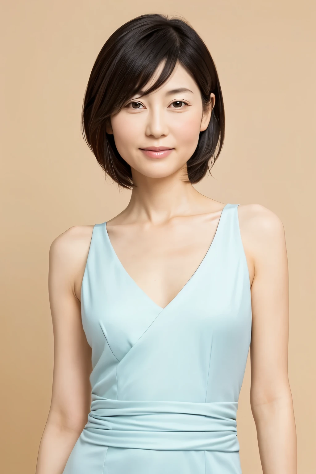 Masterpiece, professional photo quality, super high resolution, Photogravure, 1girl, a Japanese woman, 40 years old, slender body, very thin waist, cute face, detailed face, detailed eyes, short bob hair, various sexy dress, various background, portrait photo