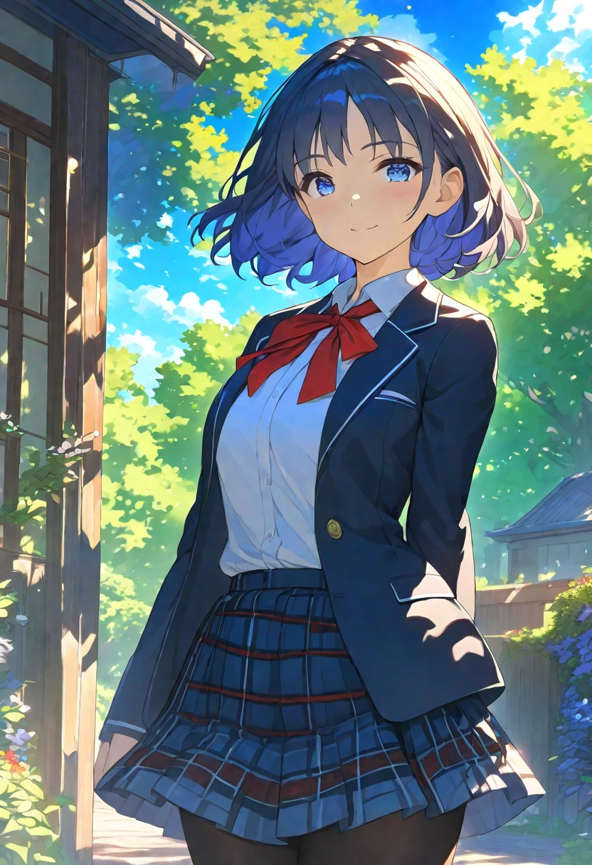 Nsfw, Masterpiece, hdr, bloom, 4k, Anime-style illustration featuring a beautiful female student with dark blue short bob hair, 17age, Small in stature, large breast, She is wearing a formal school uniform consisting of a black blazer, white shirt, red neck ribbon, red plaid skirt, and black pantyhose. The student stands gracefully. The background is a serene school courtyard during a sunny day, with trees, a blue sky, and soft sunlight filtering through, creating a peaceful and bright atmosphere. The style is detailed and vibrant, evoking a classic anime scene, cowboy shot, looking at viewer, smiling 