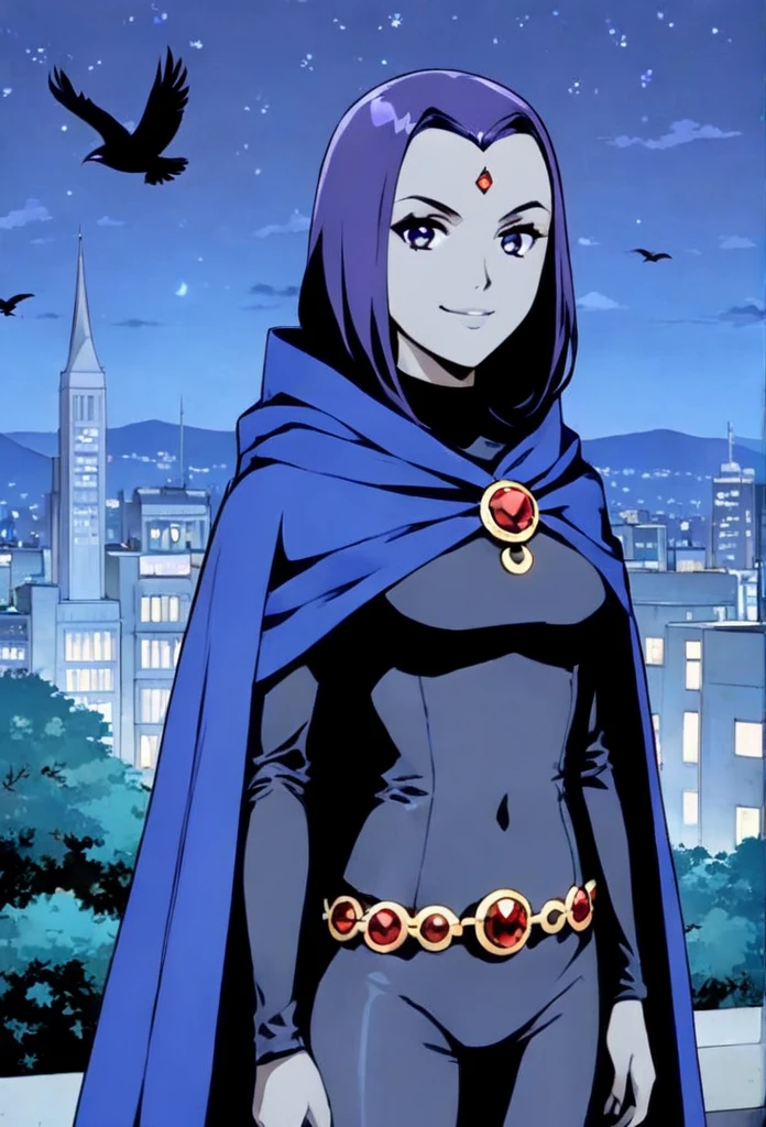 raven (dc), purple eyes,  smile, grey skin, forehead jewel, blue cape covering whole body, long blue cape, standing, night, city, park