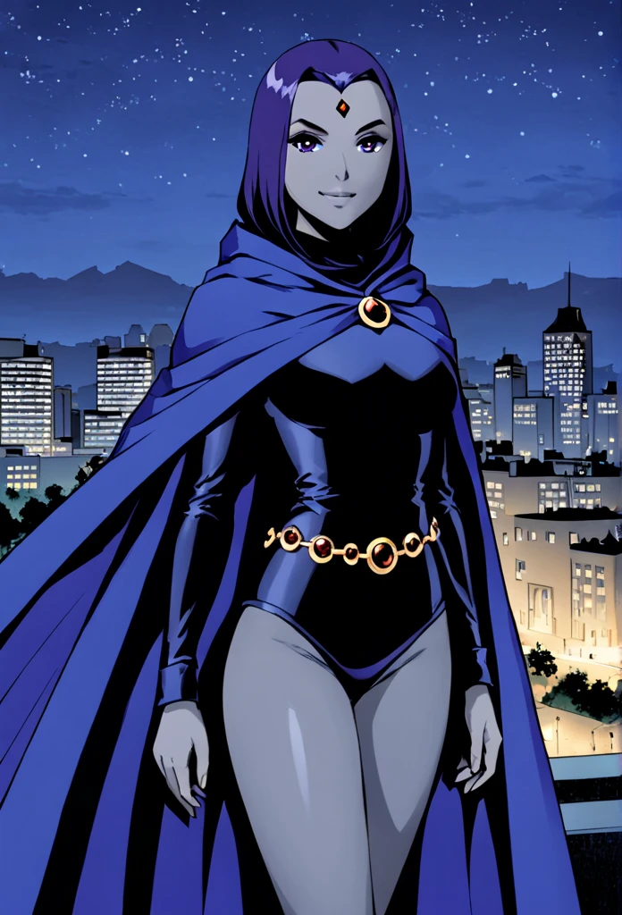 raven (dc), purple eyes,  smile, grey skin, forehead jewel, blue cape covering whole body, long blue cape, standing, night, city, park