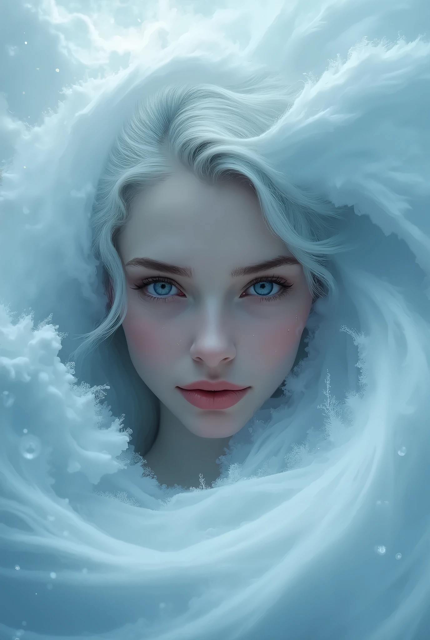 a painting of a woman's face with a large, swirling cloud, goddess of winter, queen of winter, allegory of winter, cloud goddess, detailed fantasy digital art, beautiful digital artwork, beautiful digital art, breathtaking fantasy art, surreal and fantasy art, very beautiful digital art, fractal thunder dan mumford, breathtaking digital art, beautiful surreal portrait, gorgeous digital art