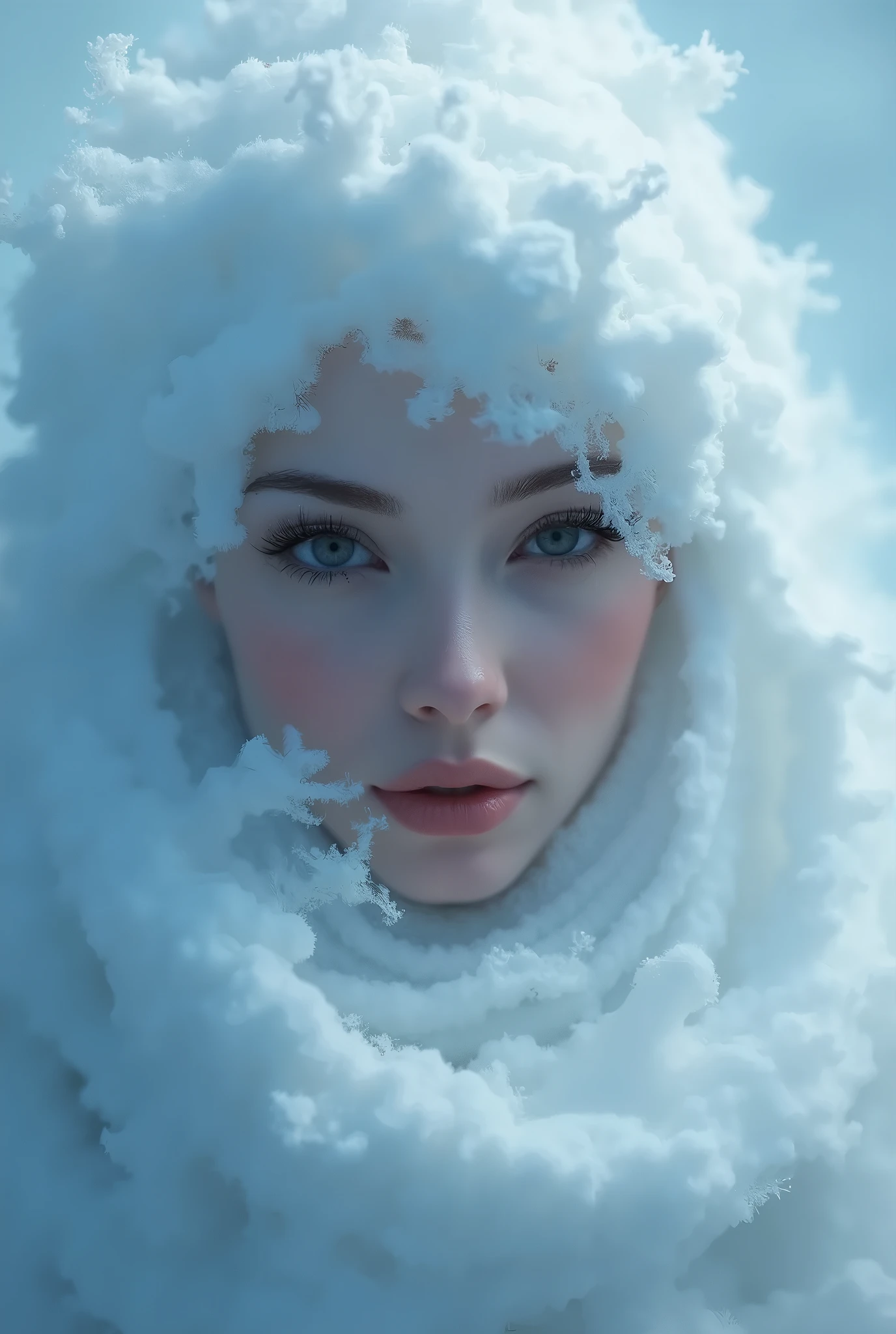 a painting of a woman's face with a large, swirling cloud, goddess of winter, queen of winter, allegory of winter, cloud goddess, detailed fantasy digital art, beautiful digital artwork, beautiful digital art, breathtaking fantasy art, surreal and fantasy art, very beautiful digital art, fractal thunder dan mumford, breathtaking digital art, beautiful surreal portrait, gorgeous digital art