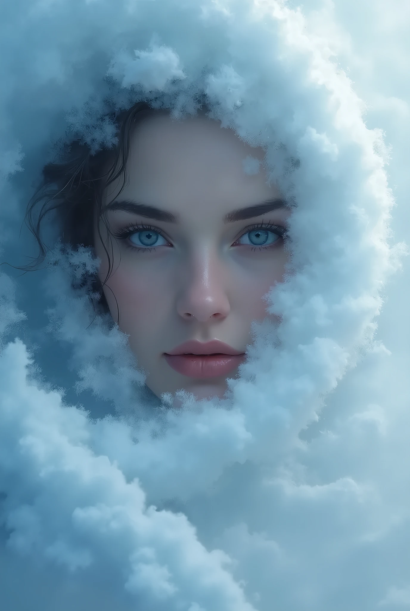 a painting of a woman's face with a large, swirling cloud, goddess of winter, queen of winter, allegory of winter, cloud goddess, detailed fantasy digital art, beautiful digital artwork, beautiful digital art, breathtaking fantasy art, surreal and fantasy art, very beautiful digital art, fractal thunder dan mumford, breathtaking digital art, beautiful surreal portrait, gorgeous digital art