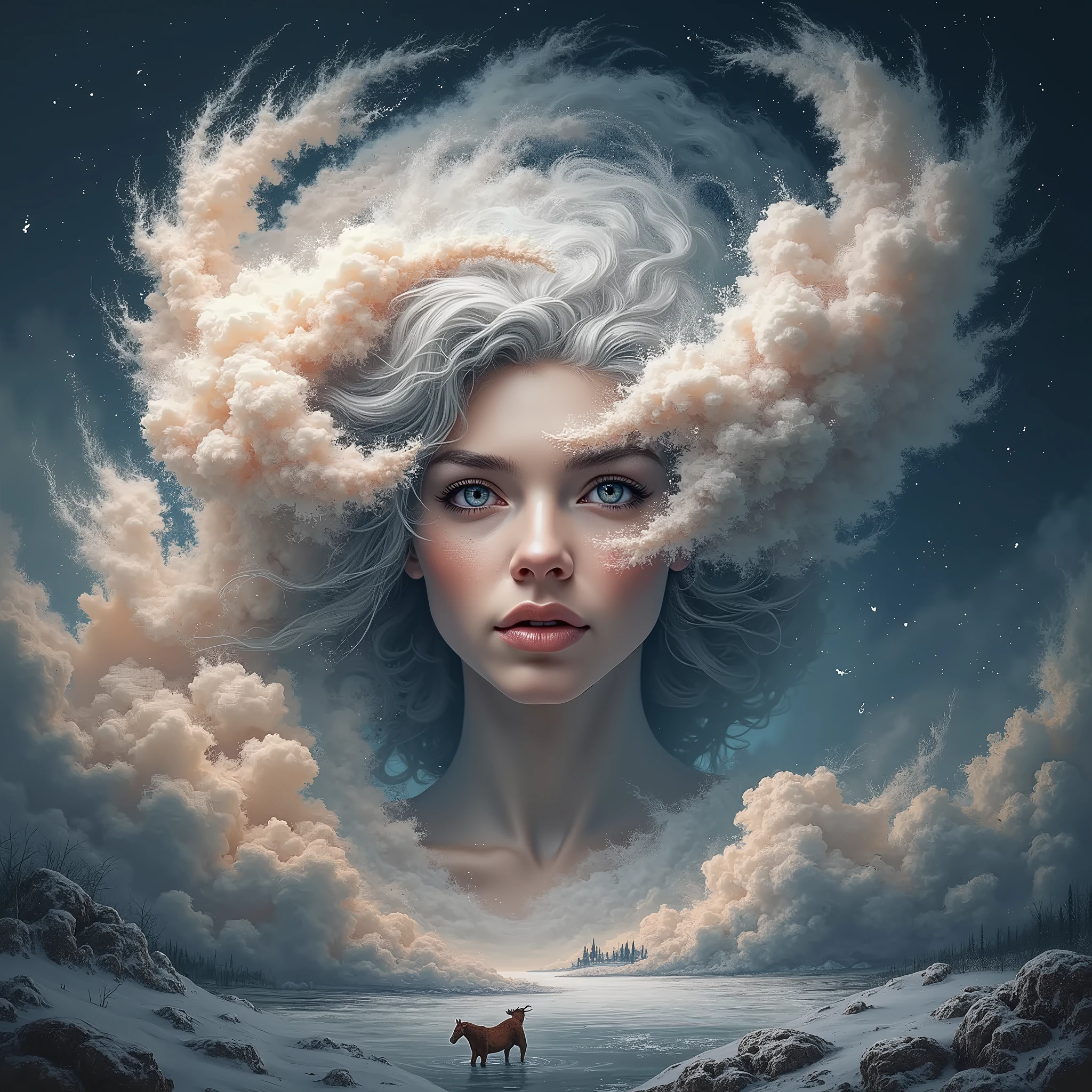 a painting of a woman's face with a large, swirling cloud, goddess of winter, queen of winter, allegory of winter, cloud goddess, detailed fantasy digital art, beautiful digital artwork, beautiful digital art, breathtaking fantasy art, surreal and fantasy art, very beautiful digital art, fractal thunder dan mumford, breathtaking digital art, beautiful surreal portrait, gorgeous digital art