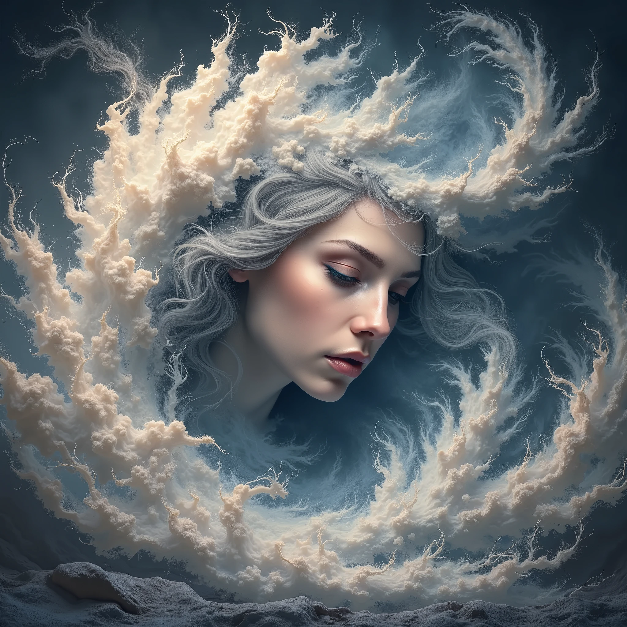 a painting of a woman's face with a large, swirling cloud, goddess of winter, queen of winter, allegory of winter, cloud goddess, detailed fantasy digital art, beautiful digital artwork, beautiful digital art, breathtaking fantasy art, surreal and fantasy art, very beautiful digital art, fractal thunder dan mumford, breathtaking digital art, beautiful surreal portrait, gorgeous digital art