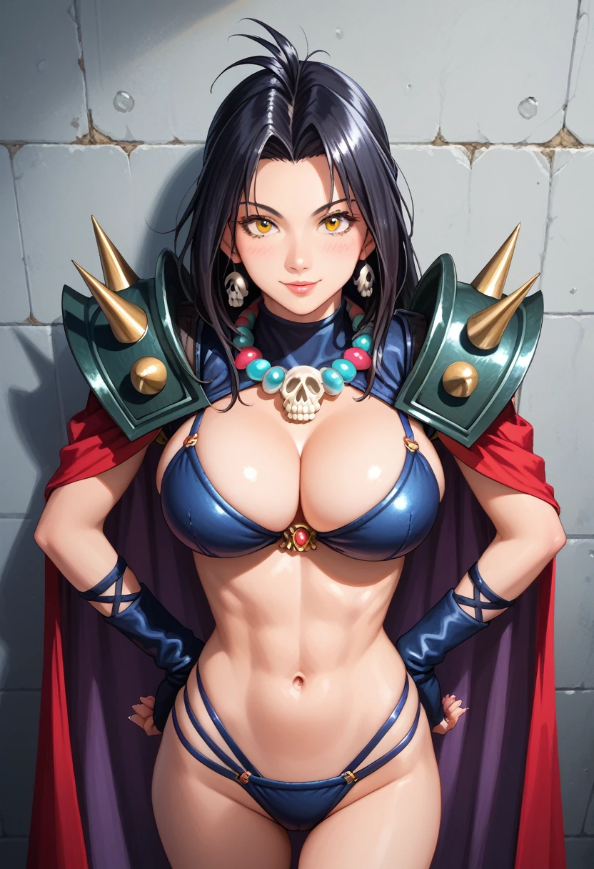 (highest quality:1.2, Anime artwork, Anime Style, Studio Anime, very detailed, Latest, Vibrant, Anime Coloring, High Contrast, masterpiece:1.2, highest quality, best aesthetics), Perfect body balance, Slender Abs, huge breast, BREAK Bikini_Naga_ownwaifu, 1woman, (highly detailed skin texture, detailed eye), (detailed hair, black hair, long hair), (shoulder armor, bikini armor, skull necklace, cape) BREAK (posed photo, cowboy shot), Point of View, front view, from above), watching at viewer, professional lighting