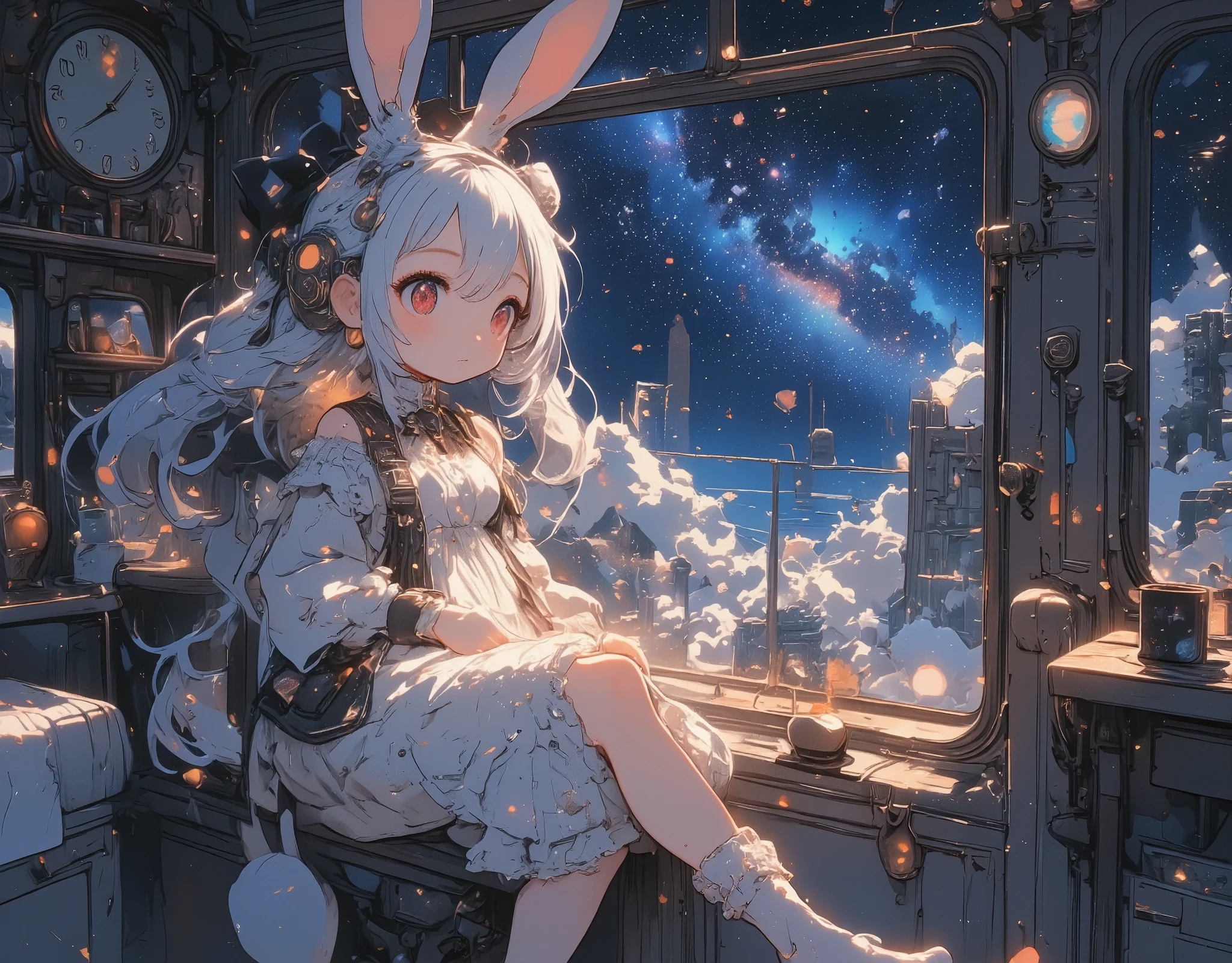 girl\(chibi,cute,kawaii,small ,white hair,big laced black hair bow,very long hair,bangs,ear\(fluffy white bunny-ear\), bunny tail at coccyx,red ruby-like eye,big eye,beautiful shiny eye,skin color white,white frilled dress,breast,full body\),background\(in the train,beautiful galaxy outside the window\)