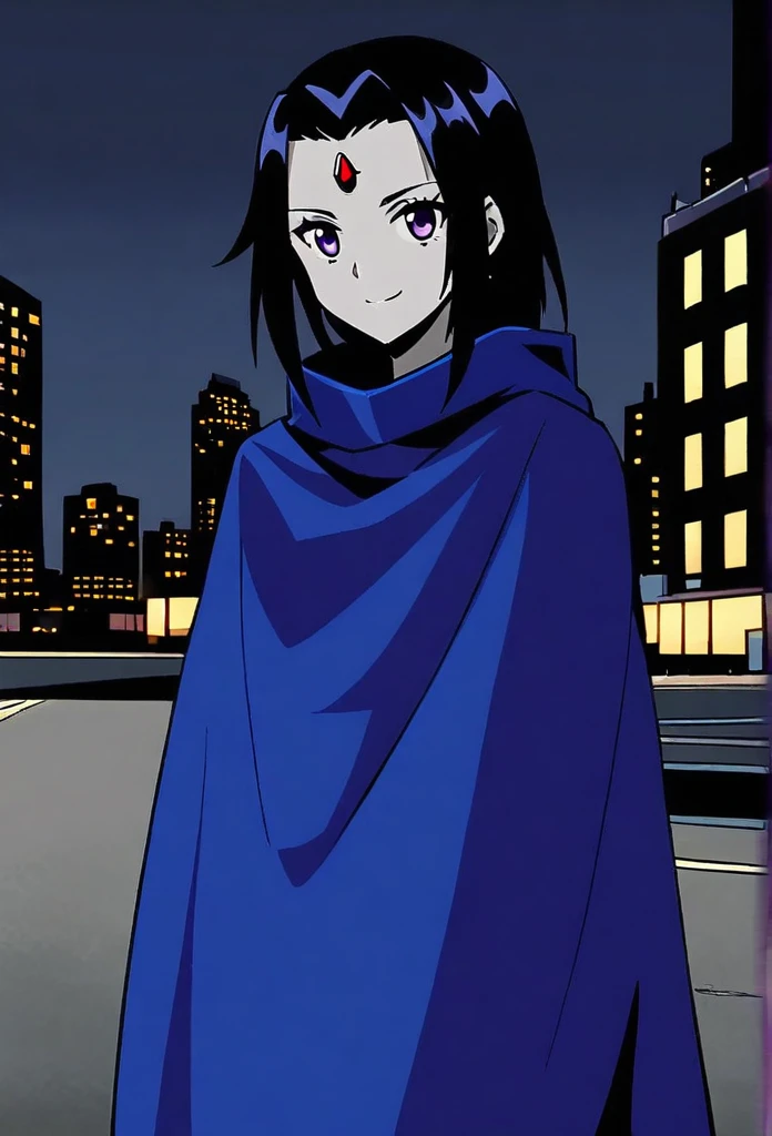 (Solo, 1girl) raven (dc), purple eyes, smile, grey skin, forehead jewel, blue cape covering whole body, long blue cape, standing, night, city, park