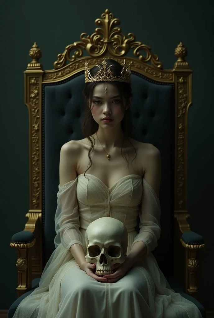 Arafe, undressed and with a crown, sitting on the floor, Scary skeleton queen of death, Horror Movie Coverage, Ghost Queen, creepy theme, Hyper-realistic nightmare scene, A scene from a horror movie, Porcelain statue of Holly Herndon, evil princess, Frighten, horror lighting, Scary scene, Scary pose, Animatronic Angelina Jolie, Queen of the Dead