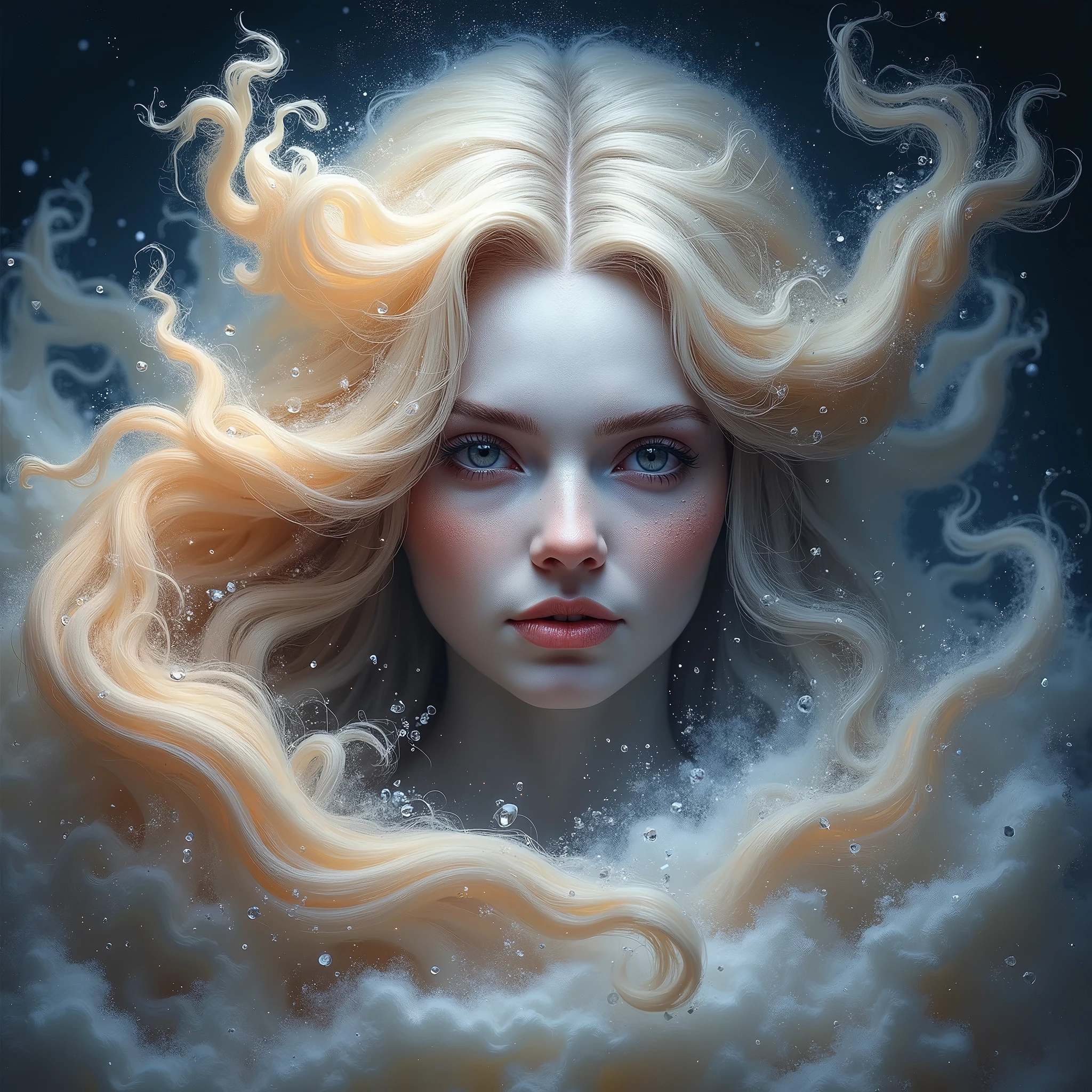 a painting of a woman's face with a large, swirling cloud, goddess of winter, queen of winter, allegory of winter, cloud goddess, detailed fantasy digital art, beautiful digital artwork, beautiful digital art, breathtaking fantasy art, surreal and fantasy art, very beautiful digital art, fractal thunder dan mumford, breathtaking digital art, beautiful surreal portrait, gorgeous digital art