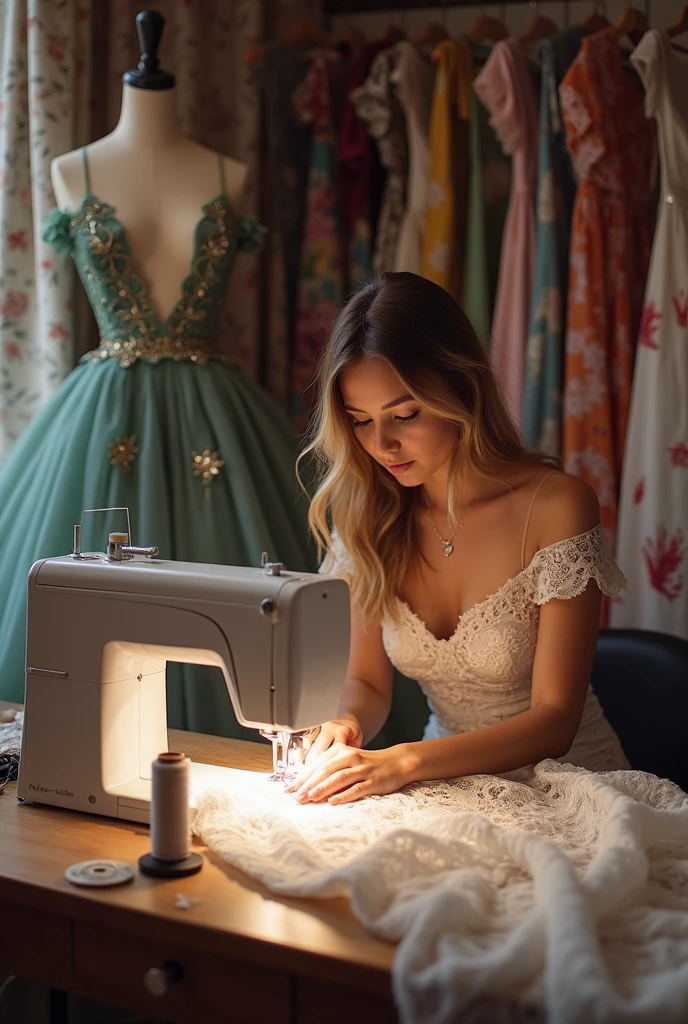 A woman in her sewing workshop designing a white dress with sequins