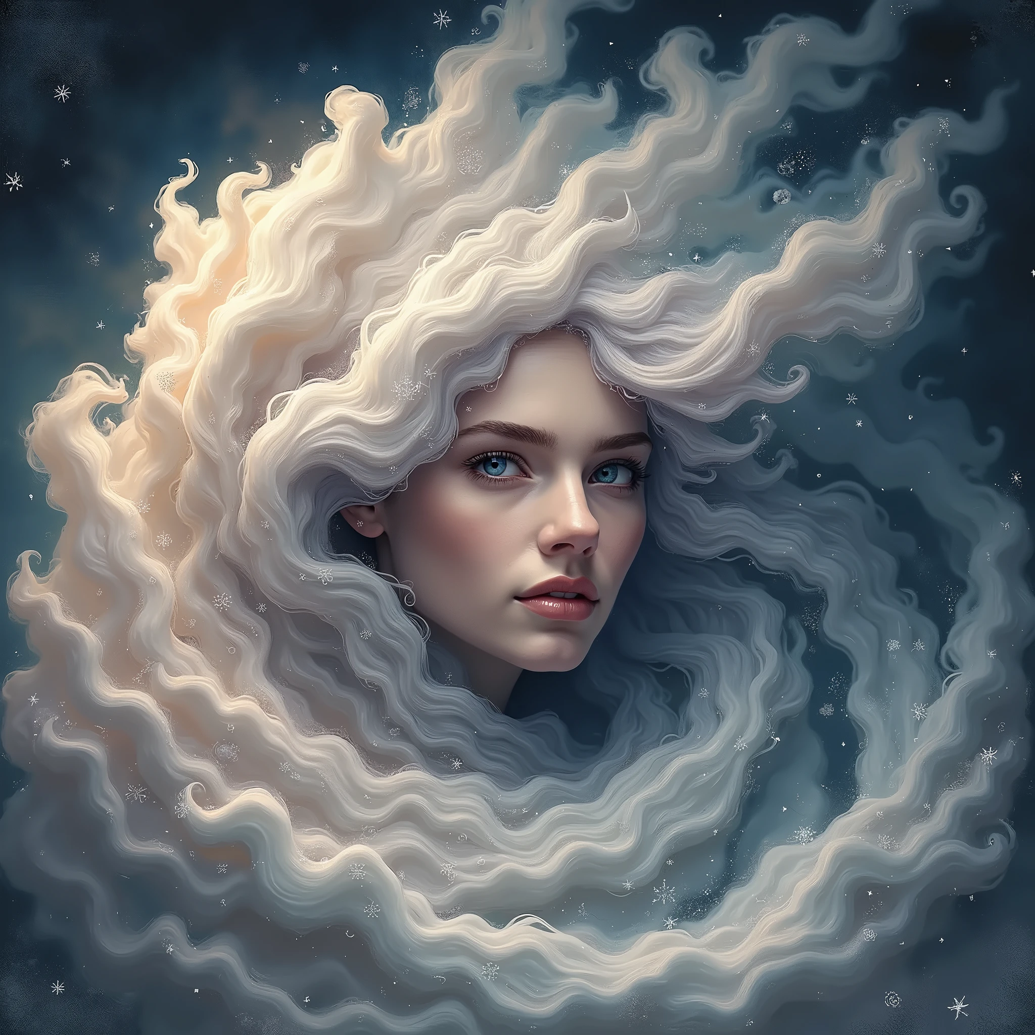 a painting of a woman's face with a large, swirling cloud, goddess of winter, queen of winter, allegory of winter, cloud goddess, detailed fantasy digital art, beautiful digital artwork, beautiful digital art, breathtaking fantasy art, surreal and fantasy art, very beautiful digital art, fractal thunder dan mumford, breathtaking digital art, beautiful surreal portrait, gorgeous digital art