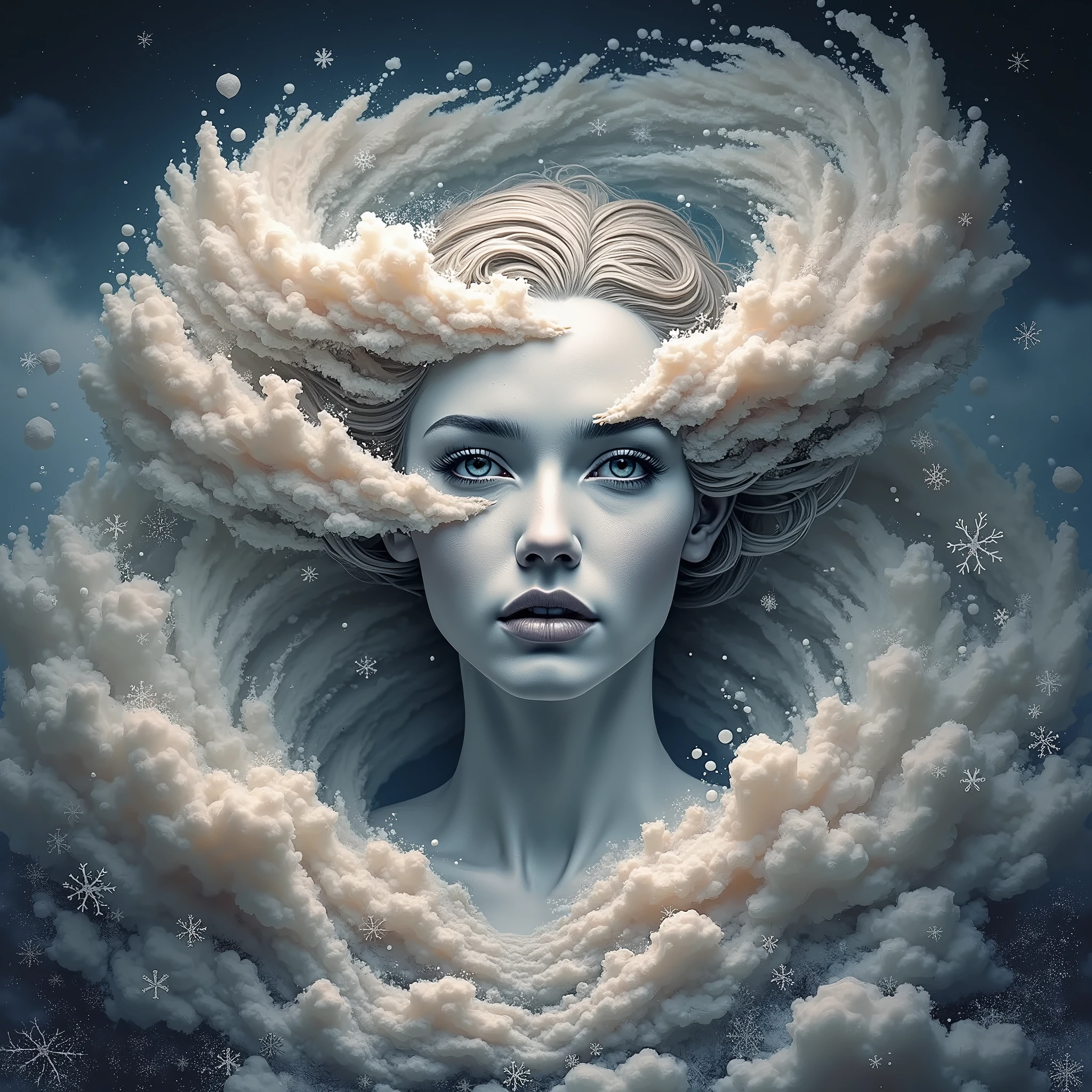 a painting of a woman's face with a large, swirling cloud, goddess of winter, queen of winter, allegory of winter, cloud goddess, detailed fantasy digital art, beautiful digital artwork, beautiful digital art, breathtaking fantasy art, surreal and fantasy art, very beautiful digital art, fractal thunder dan mumford, breathtaking digital art, beautiful surreal portrait, gorgeous digital art