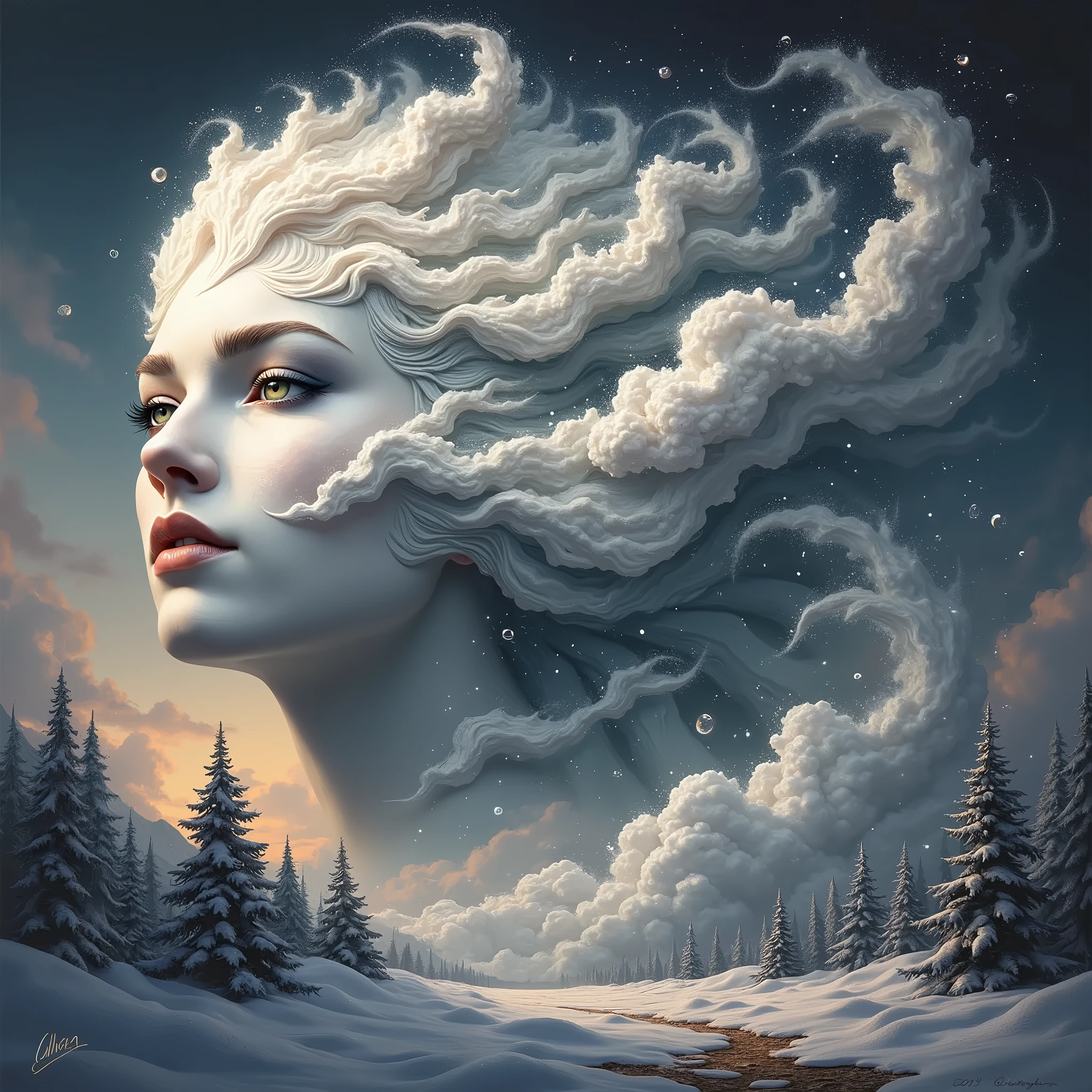 a painting of a woman's face with a large, swirling cloud, goddess of winter, queen of winter, allegory of winter, cloud goddess, detailed fantasy digital art, beautiful digital artwork, beautiful digital art, breathtaking fantasy art, surreal and fantasy art, very beautiful digital art, fractal thunder dan mumford, breathtaking digital art, beautiful surreal portrait, gorgeous digital art