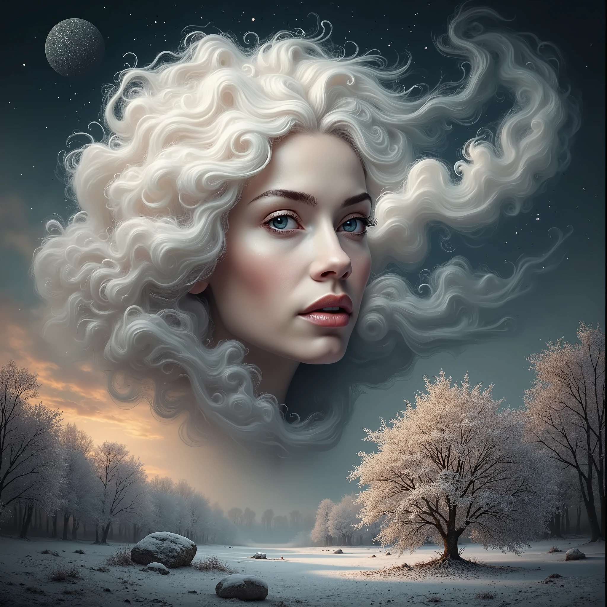 a painting of a woman's face with a large, swirling cloud, goddess of winter, queen of winter, allegory of winter, cloud goddess, detailed fantasy digital art, beautiful digital artwork, beautiful digital art, breathtaking fantasy art, surreal and fantasy art, very beautiful digital art, fractal thunder dan mumford, breathtaking digital art, beautiful surreal portrait, gorgeous digital art