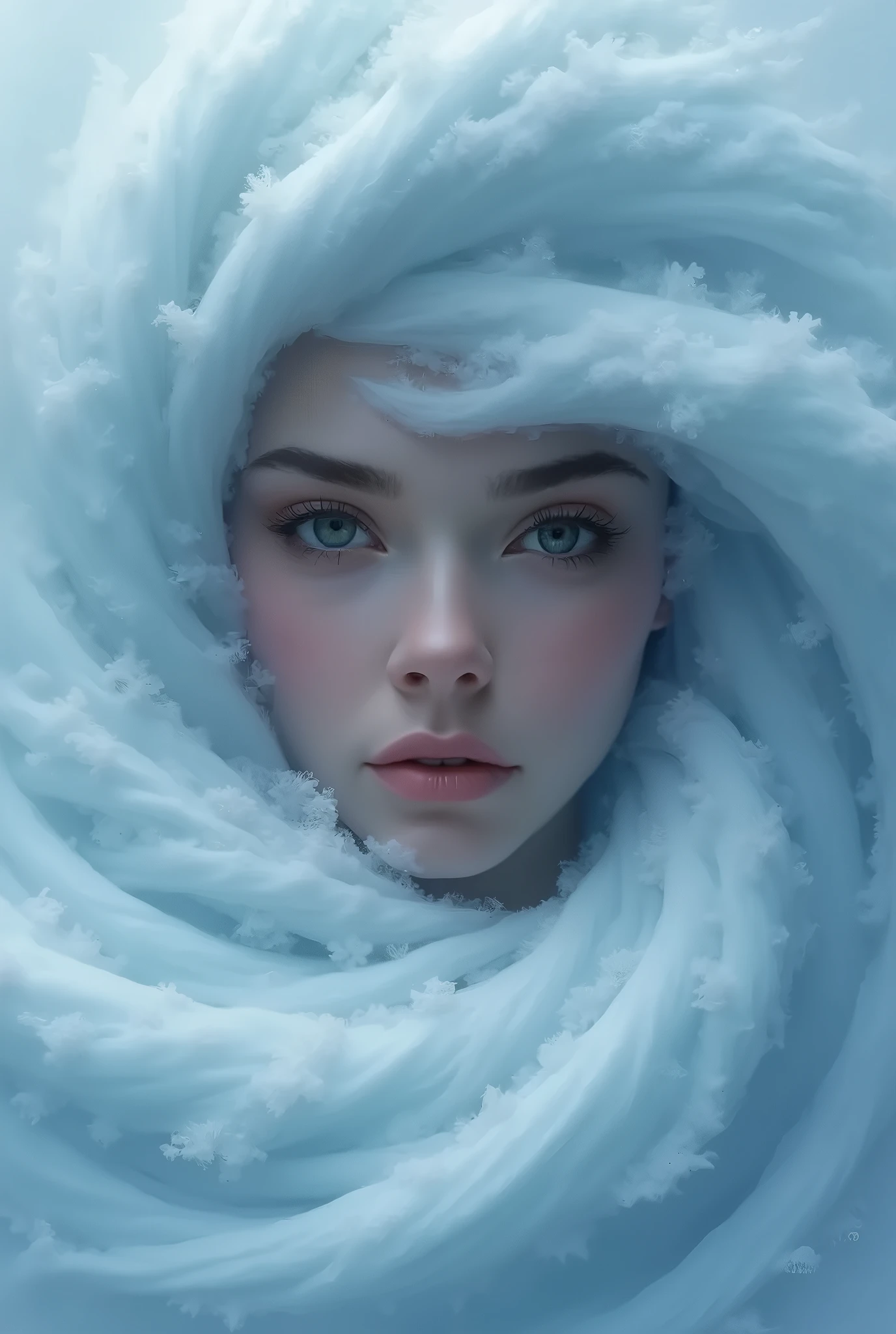 a painting of a woman's face with a large, swirling cloud, goddess of winter, queen of winter, allegory of winter, cloud goddess, detailed fantasy digital art, beautiful digital artwork, beautiful digital art, breathtaking fantasy art, surreal and fantasy art, very beautiful digital art, fractal thunder dan mumford, breathtaking digital art, beautiful surreal portrait, gorgeous digital art