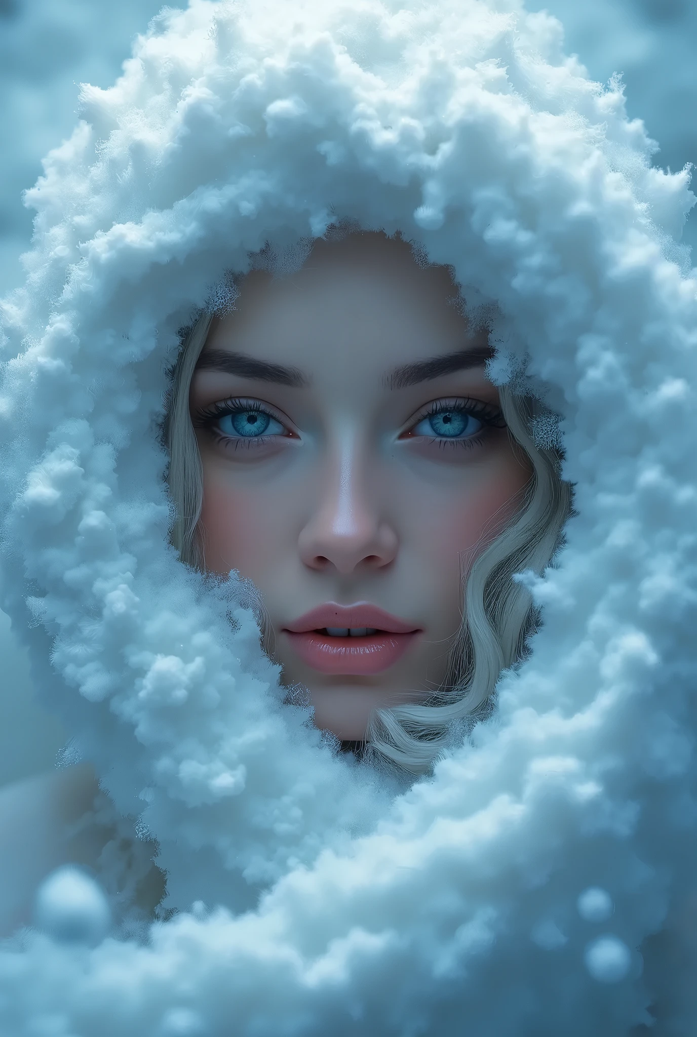 a painting of a woman's face with a large, swirling cloud, goddess of winter, queen of winter, allegory of winter, cloud goddess, detailed fantasy digital art, beautiful digital artwork, beautiful digital art, breathtaking fantasy art, surreal and fantasy art, very beautiful digital art, fractal thunder dan mumford, breathtaking digital art, beautiful surreal portrait, gorgeous digital art