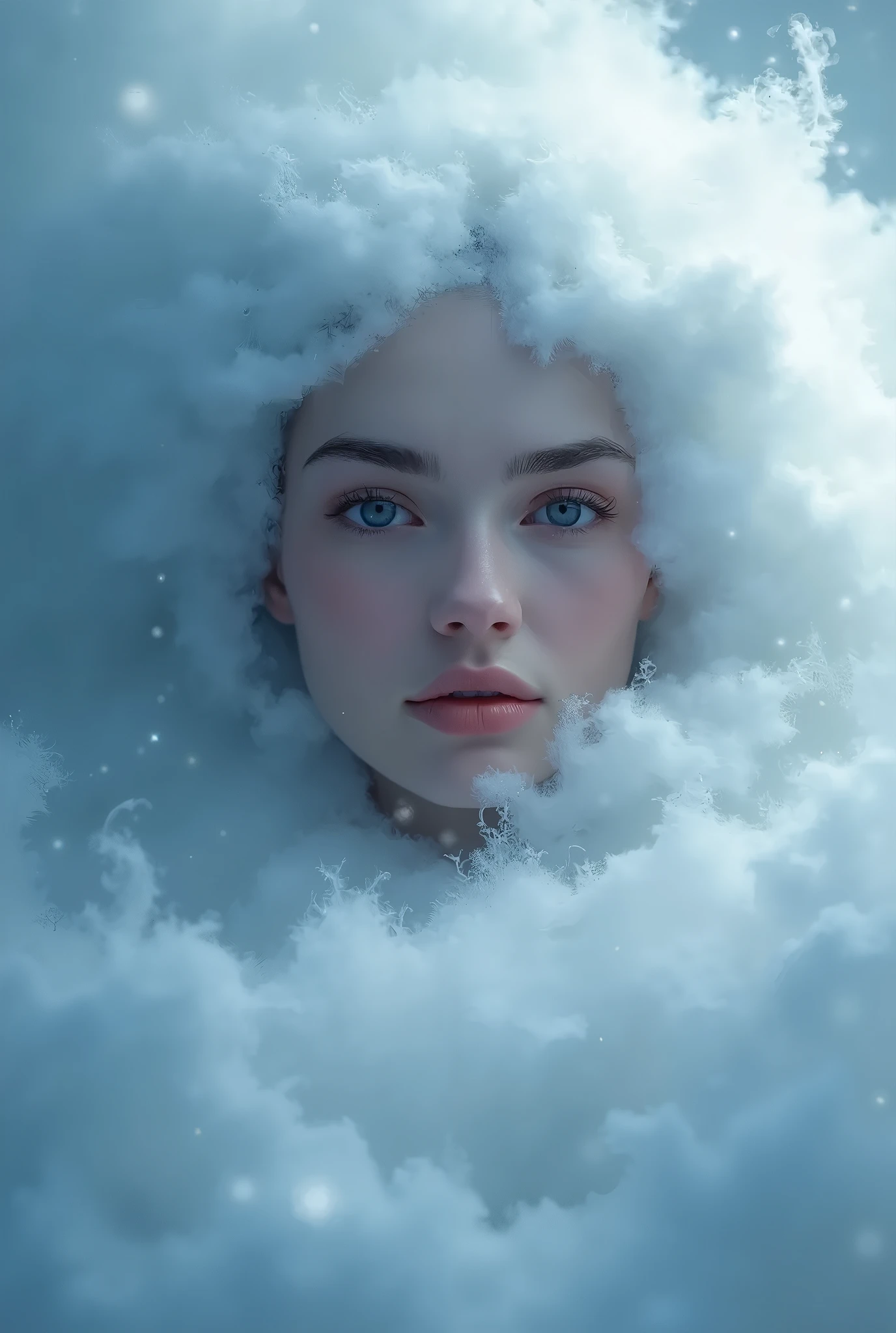 a painting of a woman's face with a large, swirling cloud, goddess of winter, queen of winter, allegory of winter, cloud goddess, detailed fantasy digital art, beautiful digital artwork, beautiful digital art, breathtaking fantasy art, surreal and fantasy art, very beautiful digital art, fractal thunder dan mumford, breathtaking digital art, beautiful surreal portrait, gorgeous digital art