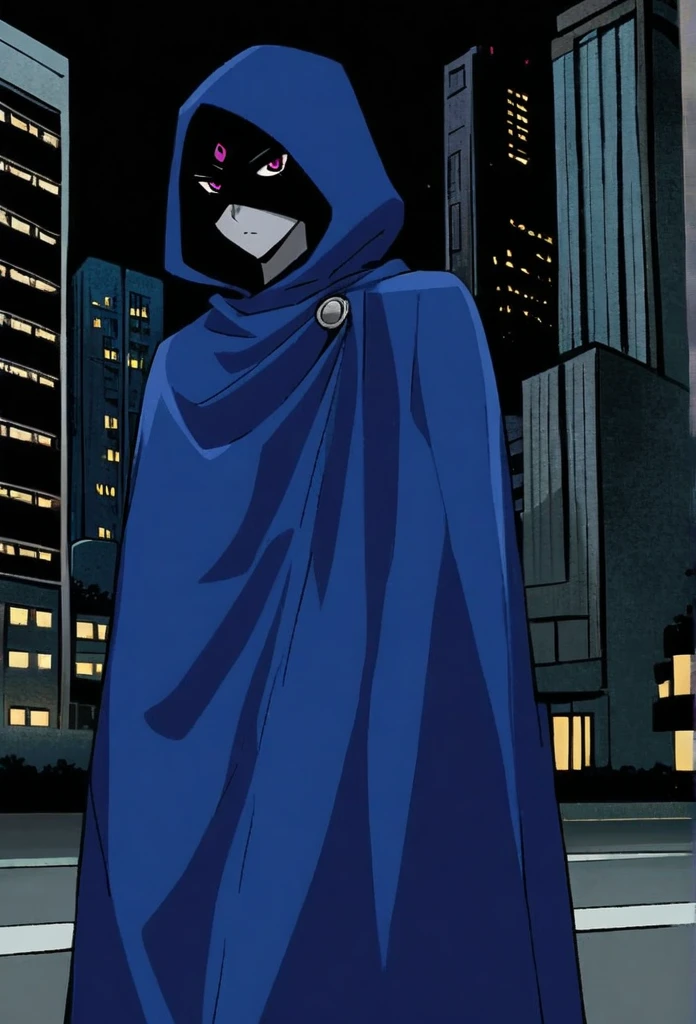 raven (dc), purple eyes,  grey skin, forehead jewel, blue cape covering whole body, long blue cape, standing, night, city, park, hood covered head