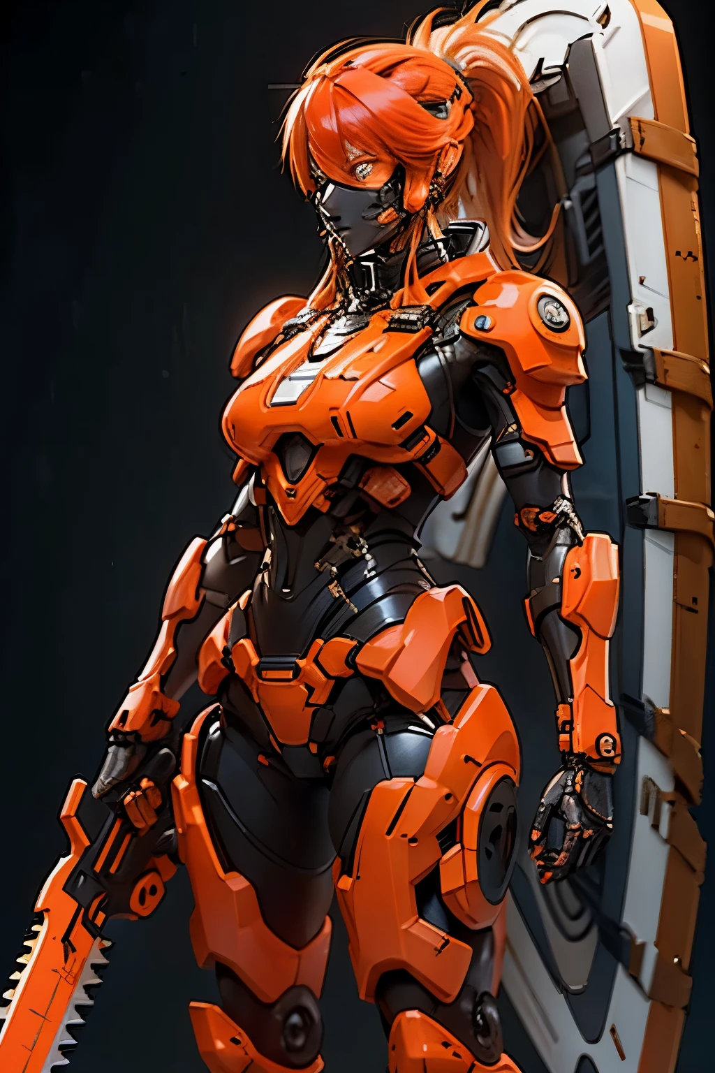 Orange-haired woman  ( ponytail ),  perfect body , using robotic armor inspired by Stihl chainsaws and brushcutters, wearing a helmet that covers the entire face,  black background, holding a futuristic chainsaw.