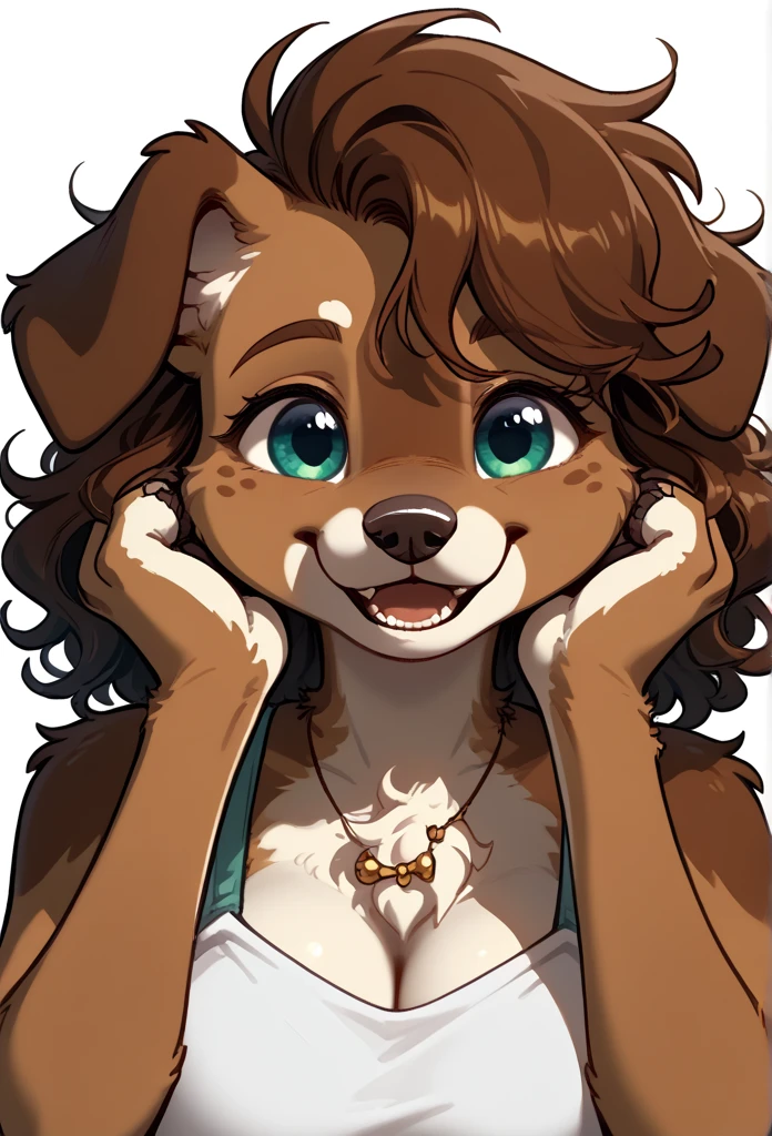 (solo) female anthro aussie furry, wavy hair, fluffy hair, long wavy hair, dog furry, big breasts, attractive, fuzzy tights, fuzzy fur, slightly thick, pretty eyes, (happy expression), she is facing the viewer , cute background, simple background, (front view) dog snout, animal snout, dog nose, aussie, Simple background, Masterpiece, jewelry, Best Quality, paws, 1girl, High Resolution, paws cute, malamute, dog furry