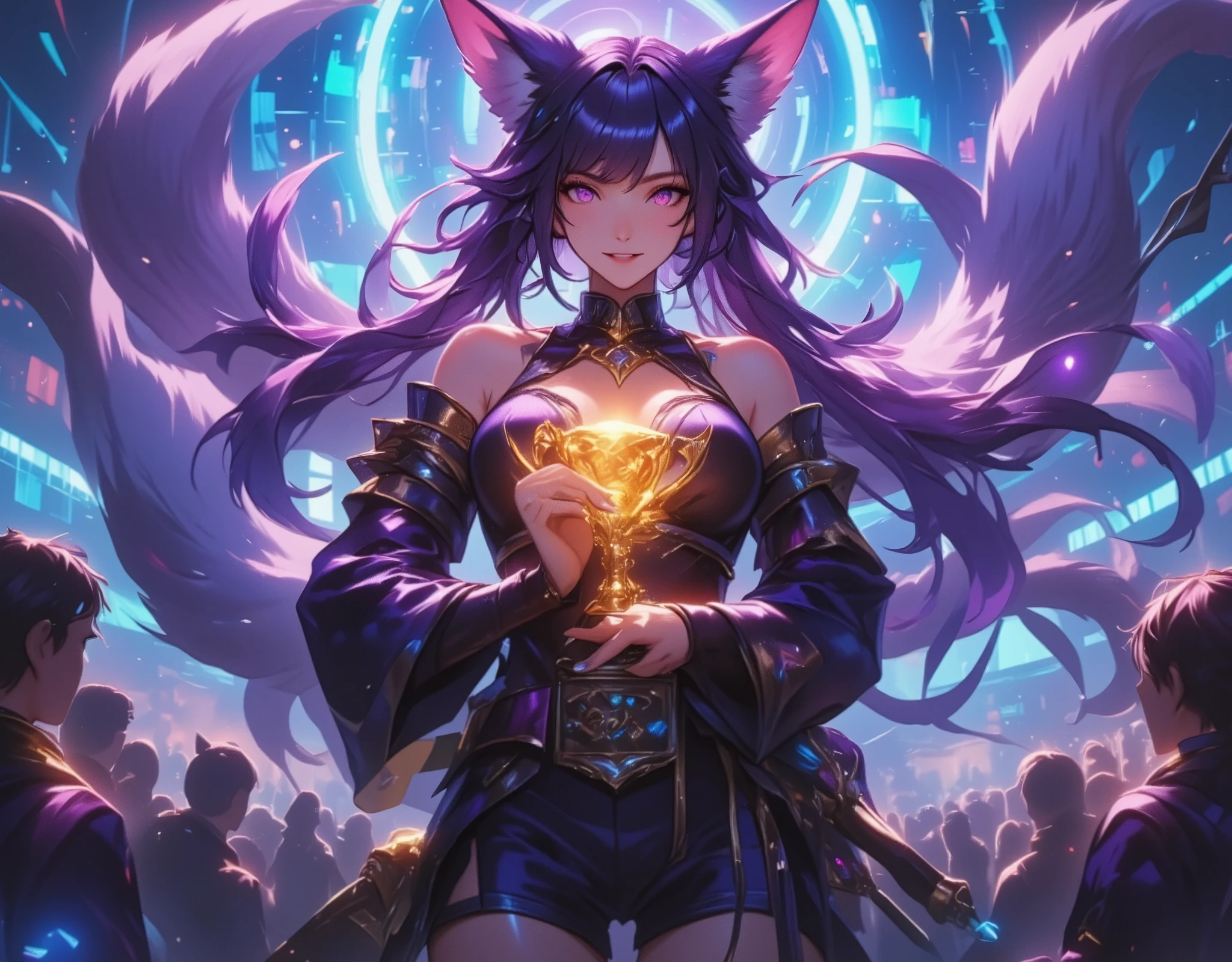 beautiful lady\(ahri\(league of legends\), bare shoulders, detached sleeves,long hair, korean clothes,  9 foxy tails at hip, lips, slit pupils, fox ears, evil smile, open cleavage,breast \) is holding beautiful shiny golden trophy at center of arena for game\(league of legends\) competition\(EVO\(Evolution Championship Series\)\). blue neon, purple neon, gaming lighting. many audiences,dynamic camera works