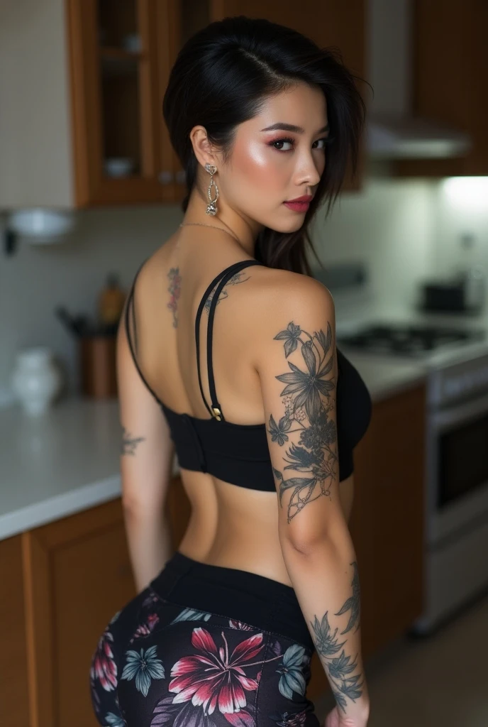 Stunningly gorgeous beautiful feminine japanese wife , perfect face, thick curved eyebrows, long luscious eyelashes, black eyeliner, eye shadow, natural makeup, bright lipstick,long loose twine ponytail with very long bangs, hyper realistic tattoos, large breast, showing side boob, sexy waist, wide hips, sexy heart shaped ass, cooking apron, ( Photos showing the whole body ), ( Butt sticking out pose ), high heels, wearing a cooking apron, cooking over the stove, back to viewer, looking at camera, bent over stove