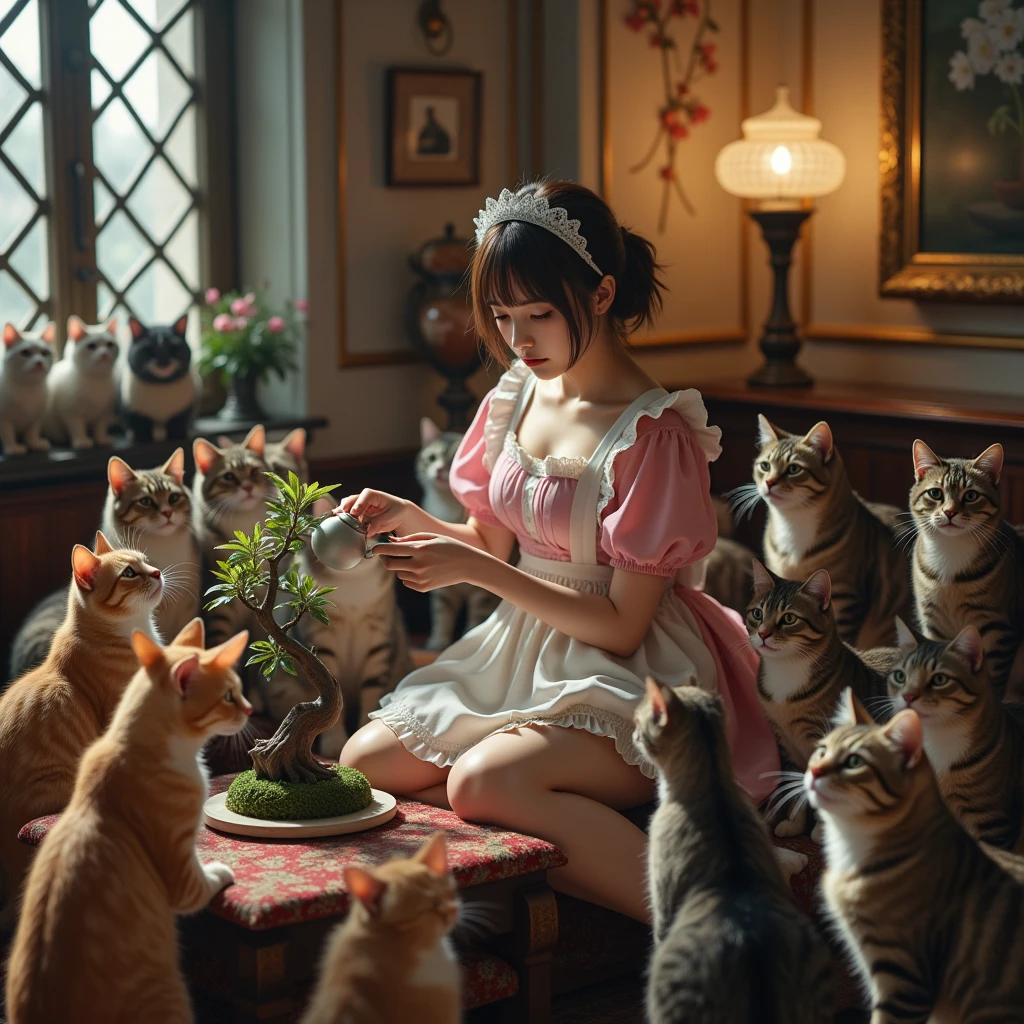 ultra-realistic, photorealistic, dramatic scene, shadow, global-illumination, solo, (20 years old Japanese famous idol girl:1.5), very beautiful fragile Japanese girl, very beautiful with very cute but boyish cool face, (modern maid, face focus:1.2), (wearing a cute colored maid outfits with frills:1.2), (extremely large breasts), slim waist, at the antique room in the European castle, gorgeous antique furnishings, flowers, she is looking at a wonderful bonsai on the table, with many kind of mewing cute giant cats, a huge number of different cats are mewing around her, antique table, holding a watering pot, gentle smile