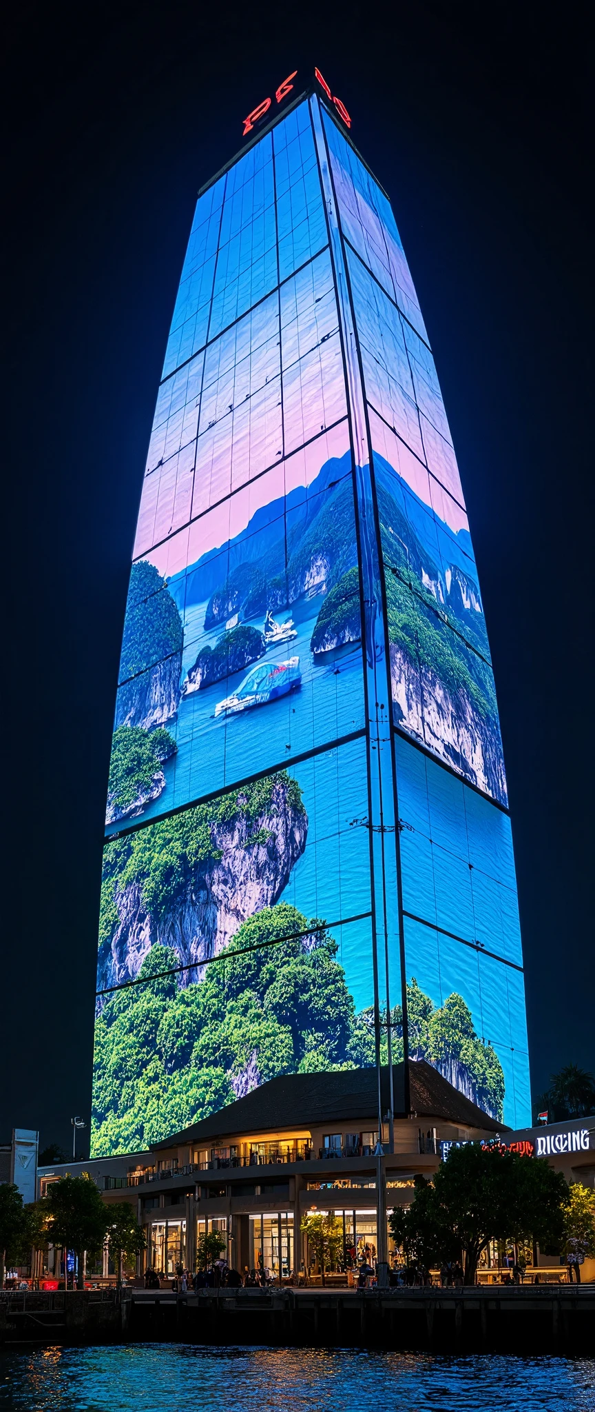 (masterpiece:1.2),(Best Quality),(Super detailed),(  Ultra High Definition),(  photorealistic),(  RAW Photos),16k, wallpaper,  close-up of a hotel building composed of multiple LED screens , All LED screens depict Halong Bay scenery ,progressive,  Installation Art,(night)