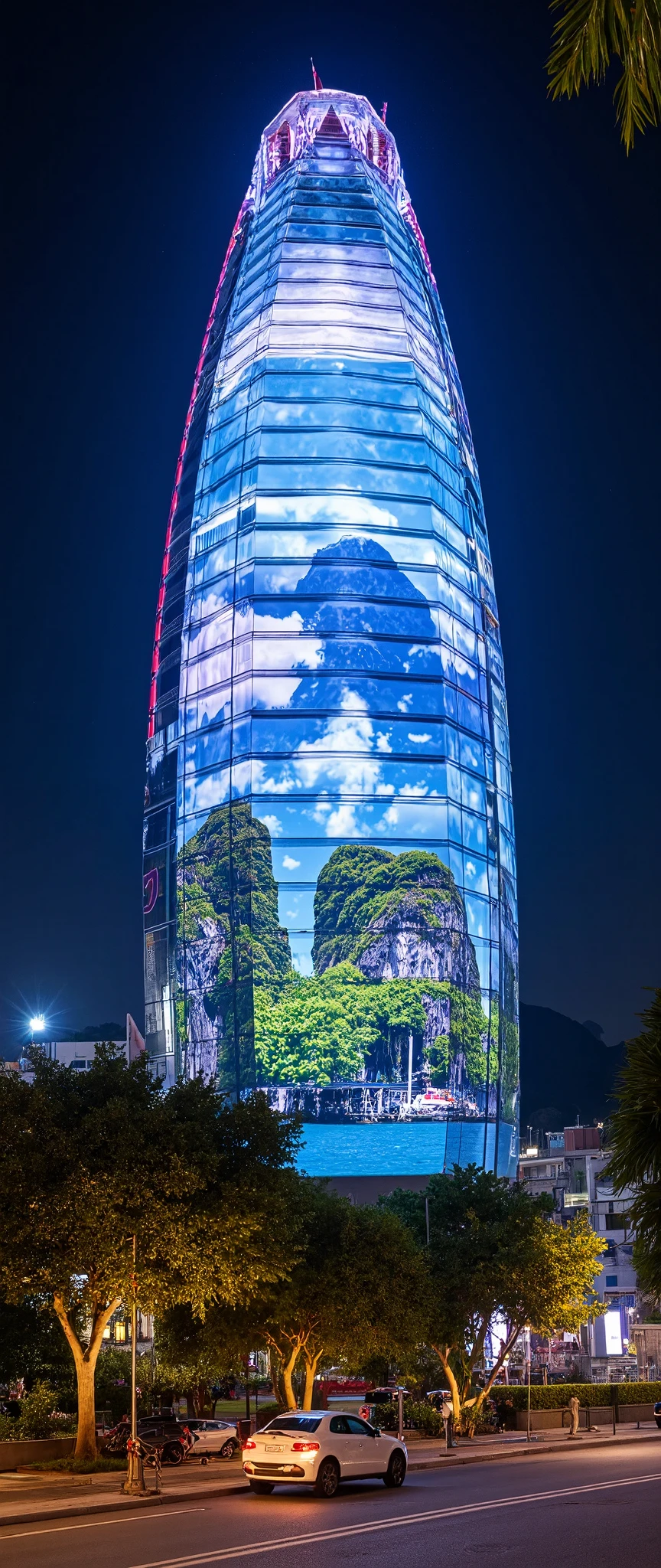 (masterpiece:1.2),(Best Quality),(Super detailed),(  Ultra High Definition),(  photorealistic),(  RAW Photos),16k, wallpaper,  close-up of a hotel building composed of multiple LED screens , All LED screens depict Halong Bay scenery ,progressive,  Installation Art,(night)