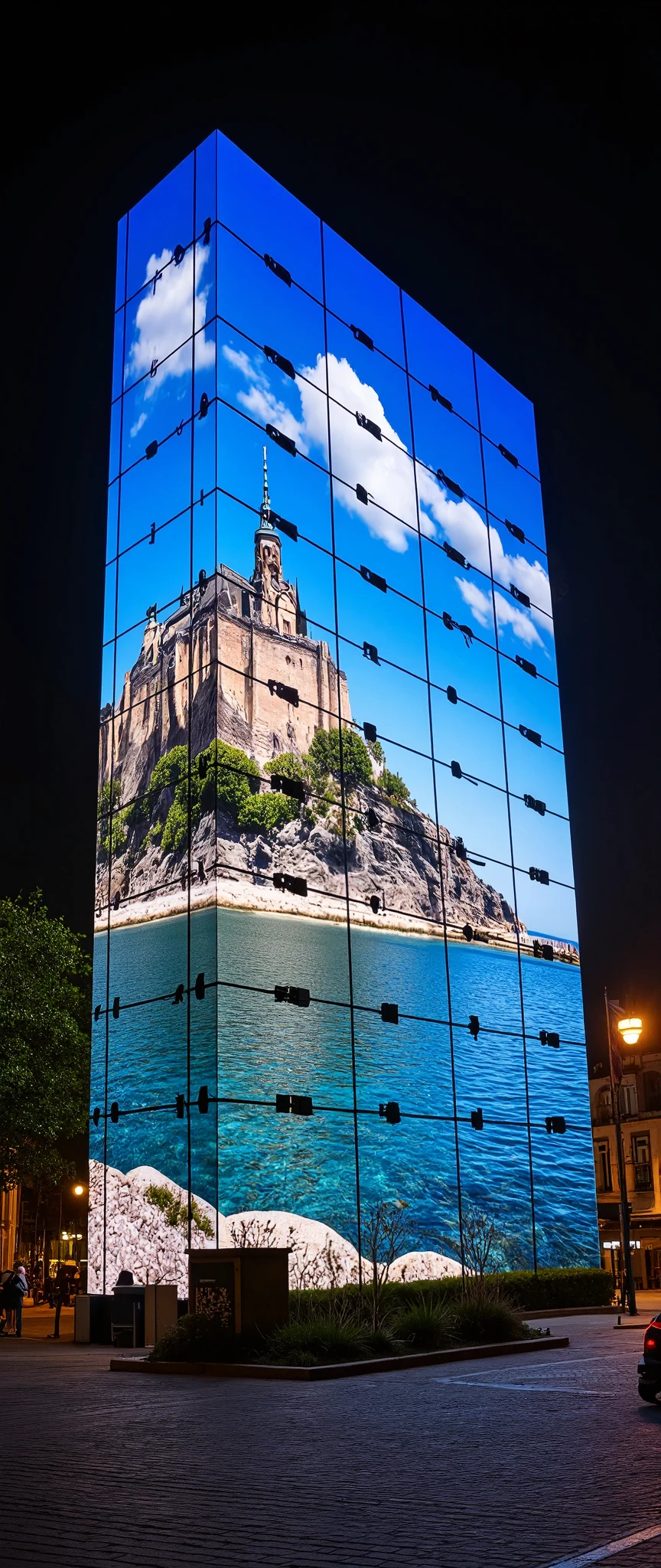 (masterpiece:1.2),(Best Quality),(Super detailed),(  Ultra High Definition),(  photorealistic),(  RAW Photos),16k, wallpaper,  close-up of a hotel building composed of multiple LED screens , Mont Saint Michel is depicted on every LED screen ,progressive,  Installation Art,(night)