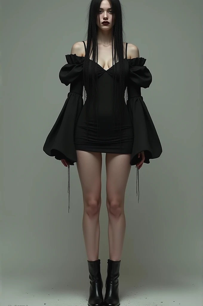 Woman posing for a photo wearing a black dress and boots, dark flowing robe, Wearing a black chiffon layered robe, Fantasy robes, Dark astral dress, Classic witch robes, wearing a gothic dress, gothic dress, flowing robe, dark gothic dress, flowing magic robe, Flowing magical flesh garment, open dress, alluring and terrifying, revealing stylish dress, full length view