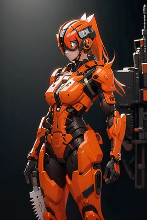 Orange-haired woman  ( ponytail ),  perfect body , using robotic armor inspired by Stihl chainsaws and brushcutters, wearing a helmet that covers the entire face,  black background, holding a futuristic chainsaw.