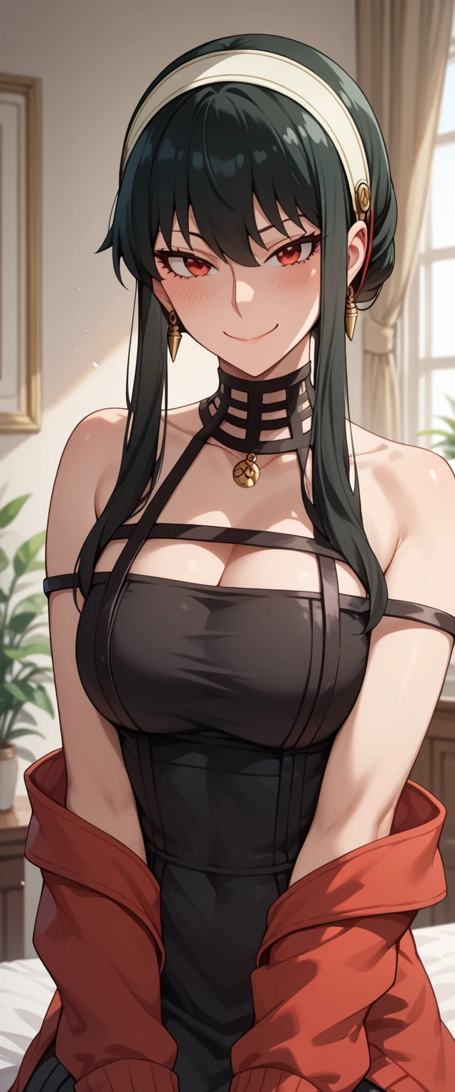 Score_9, Score_8_up, Score_7_up, Score_6_up, Score_5_up, Score_4_up, Source_anime, Tag1, Tag2, Quality_masterpiece, Yor Briar from anime Spy x Family,women,black hair,red eyes,seductive,smirk