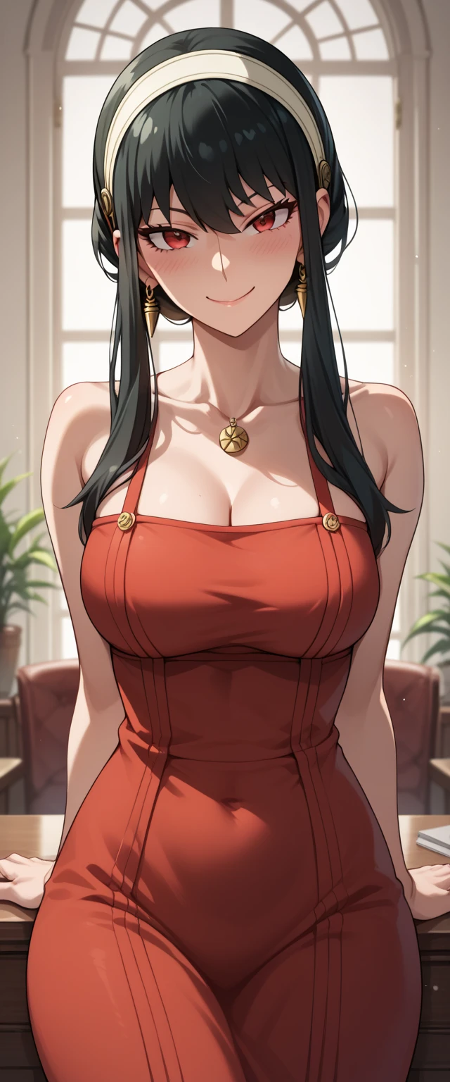 Score_9, Score_8_up, Score_7_up, Score_6_up, Score_5_up, Score_4_up, Source_anime, Tag1, Tag2, Quality_masterpiece, Yor Briar from anime Spy x Family,women,black hair,red eyes,seductive,smirk