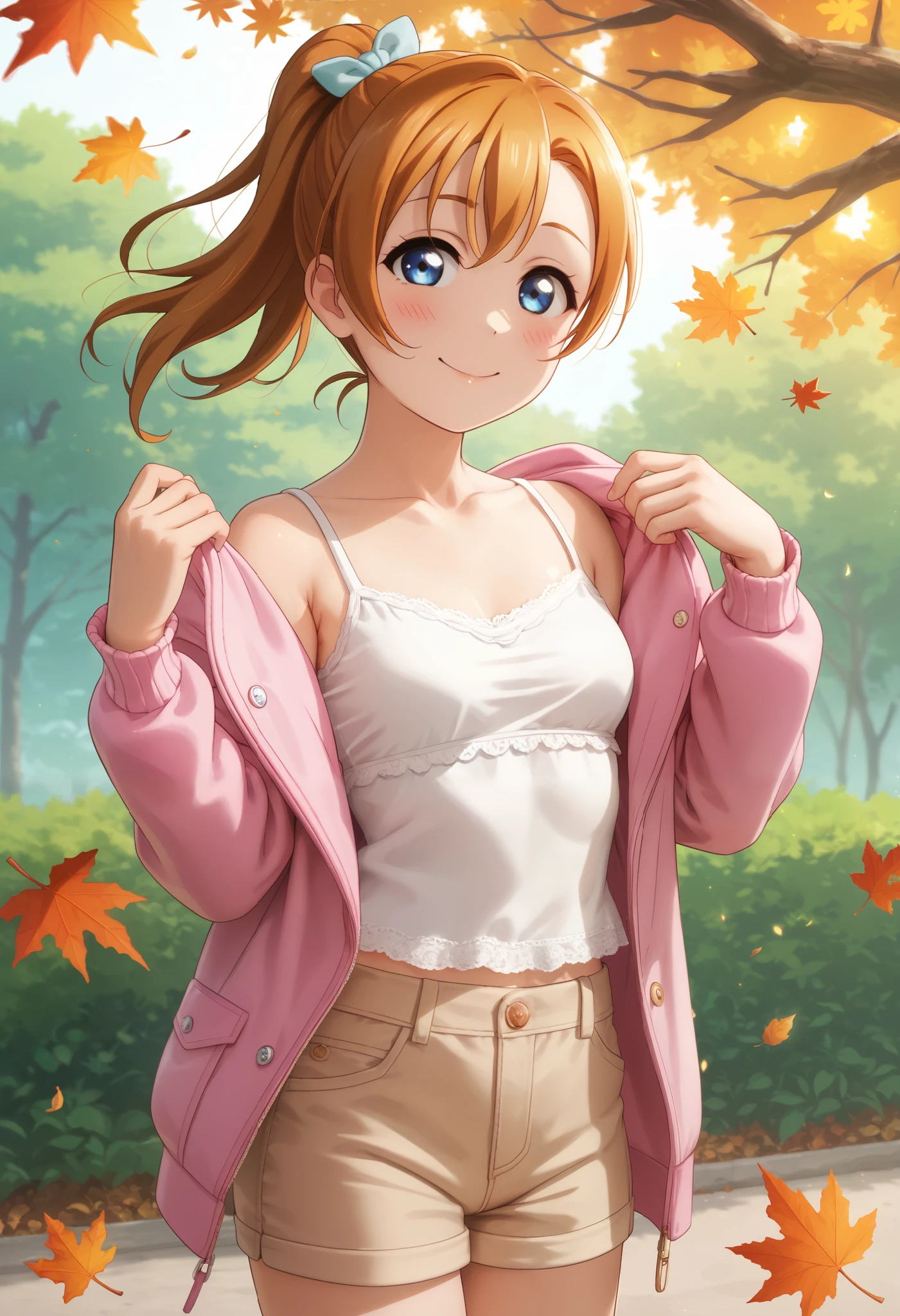 score_9, score_8_up, score_7_up, score_6_up,Shiny skin,kousaka honoka, blue eyes, orange hair, volumetric lighting, beautiful , Blushing, small breasts, looking at viewer, white camisole, light brown shorts,pink jacket, casual clothes,solo, seductive smile, tree , love live , ponytail,slim fit body, standing, cowboy shot ,autumn,leafs
