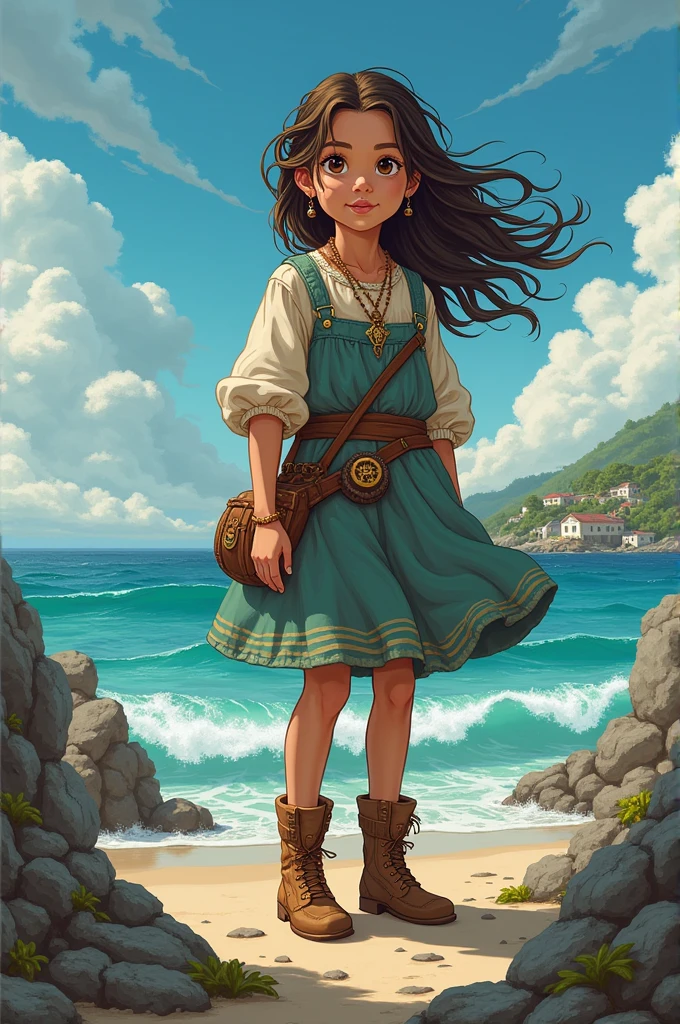 Drawing, fantasy, realism, high detail, rock, cliff, cliff, girl with curly brown hair, looking at the sky, a lizard is visible in the sky, 8kk