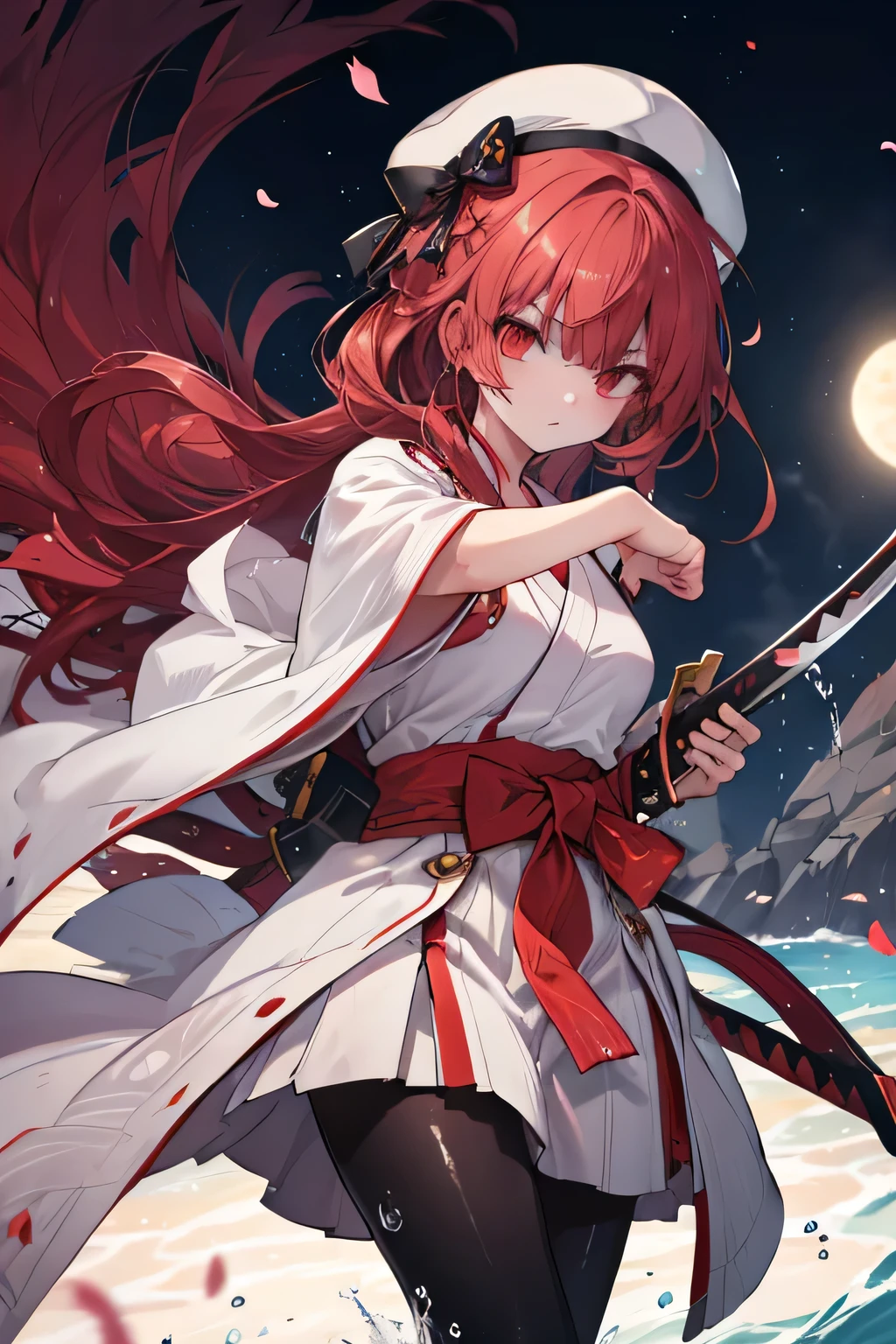  young girl brandishing a katana,  practicing , hat(white beret), Set yukata (combat), black pantyhose,  mmorpg background ,  mmorpg background (A stranger), complete anatomy, graphic effects, first person, gentle breeze, umbrella, sun, Sakura petals,  threatening look( very good ),  looking at the spectator, Crystal clear water(Splashing), aura, Fighting pose, Cosmic essence around, glow